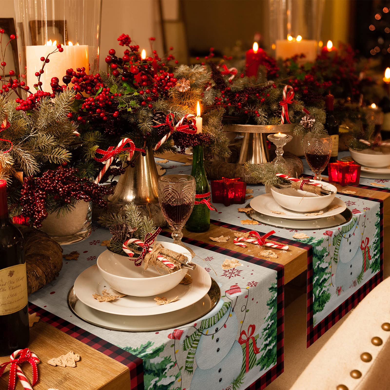108 Inch Snowman Christmas Table Runner - Burlap Linen Dining Table Decor with Xmas Tree & Snowflake Design, Farmhouse Style Holiday Decor for Wedding Banquet, Coffee Table, Party & Home Decoration | Perfect for Christmas Dinner, Holiday Gatherings & Festive Home Styling