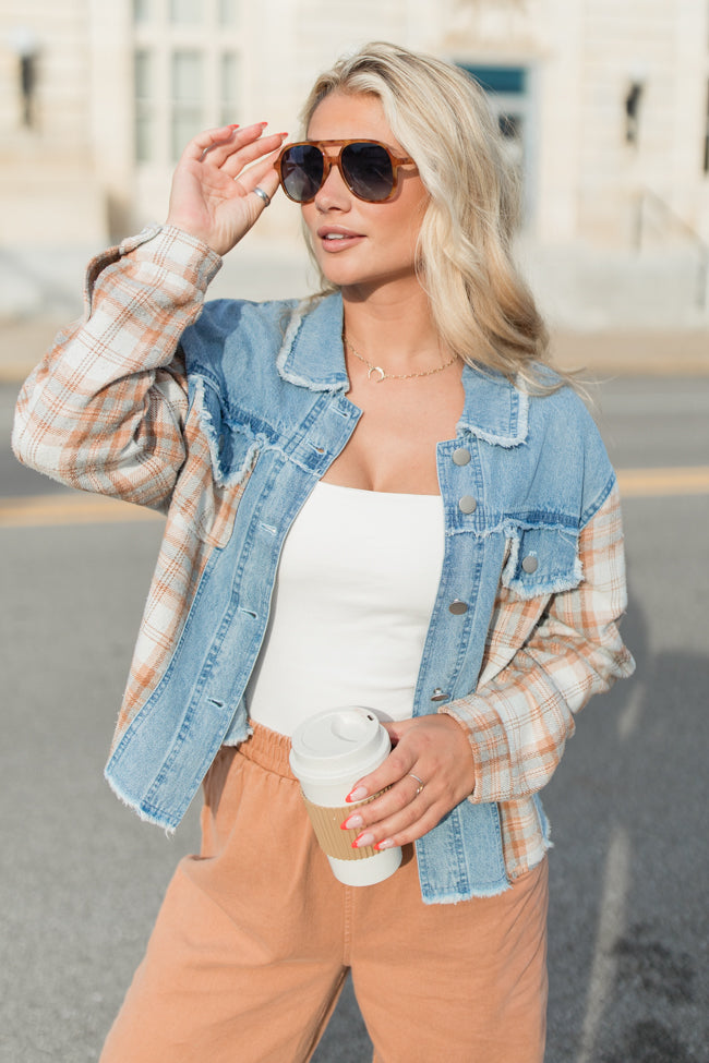 Stylish Brown Plaid & Denim Jacket for Men & Women | Trendy Casual Outerwear for Fall & Winter | Perfect for Outdoor Activities, Date Nights & Street Fashion
