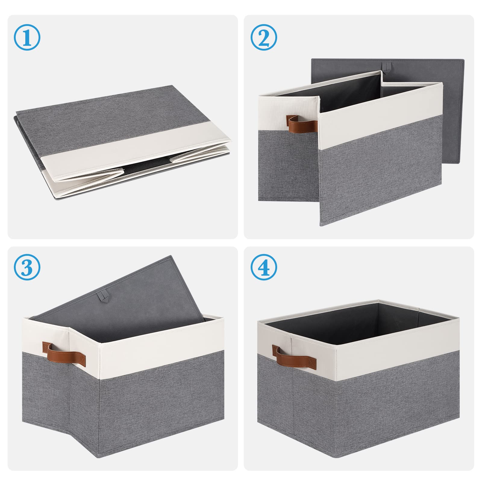 Large Foldable Fabric Storage Bins with PU Handles - 26L Closet Organizer Baskets for Shelves (3-Pack, Grey & White) - Perfect for Home, Bedroom, Office & Kids' Toy Storage