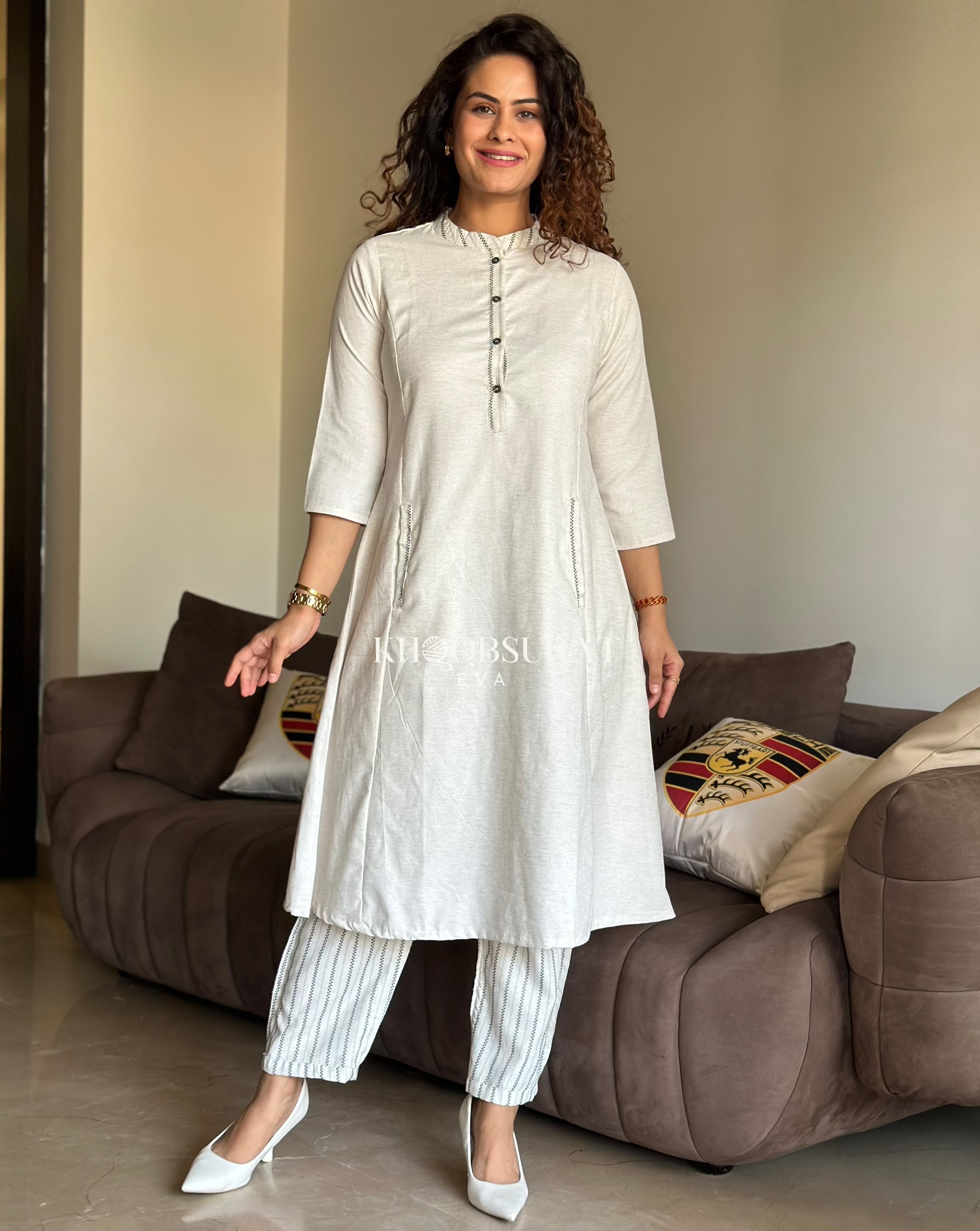 Fresh White Linen Duo Kurta Set for Women - Comfortable Cotton Ethnic Wear for Casual Outings & Festive Occasions
