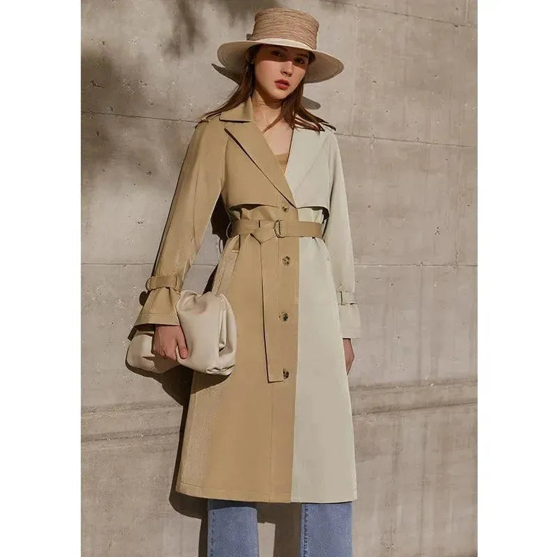 Women's Stylish Lapel Patchwork Trench Coat - Fashionable Long Jacket for Fall & Winter | Perfect for Office, Dating & Outdoor Activities