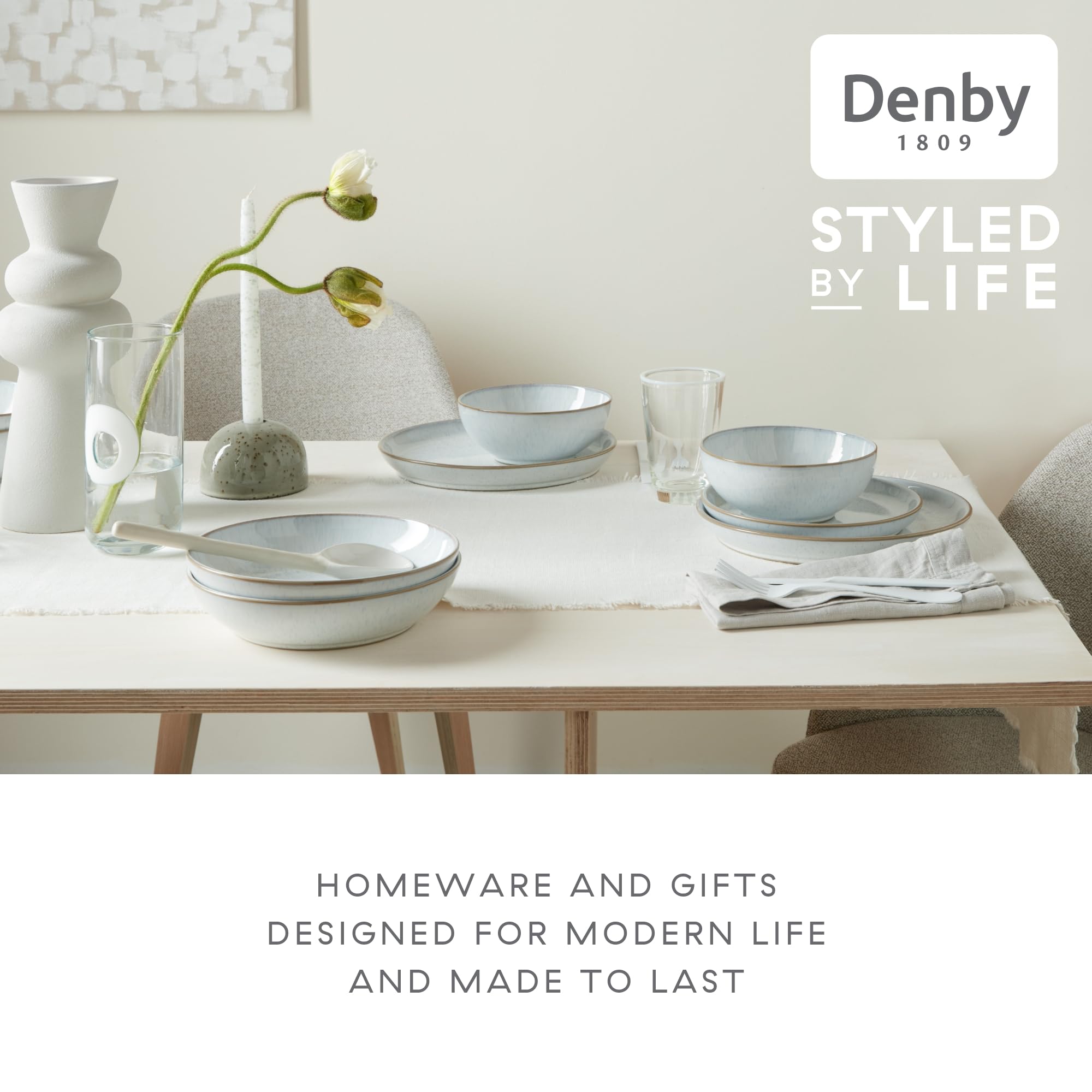 Denby White Speckle Rice Bowls Set of 6 - 16.2oz Ceramic Stoneware Bowls | Microwave & Dishwasher Safe | Chip & Scratch Resistant | Reactive White Glaze | Perfect for Oats, Cereal, Noodles, Soups & Asian Cuisine | Elegant Tableware for Everyday Meals & Dinner Parties