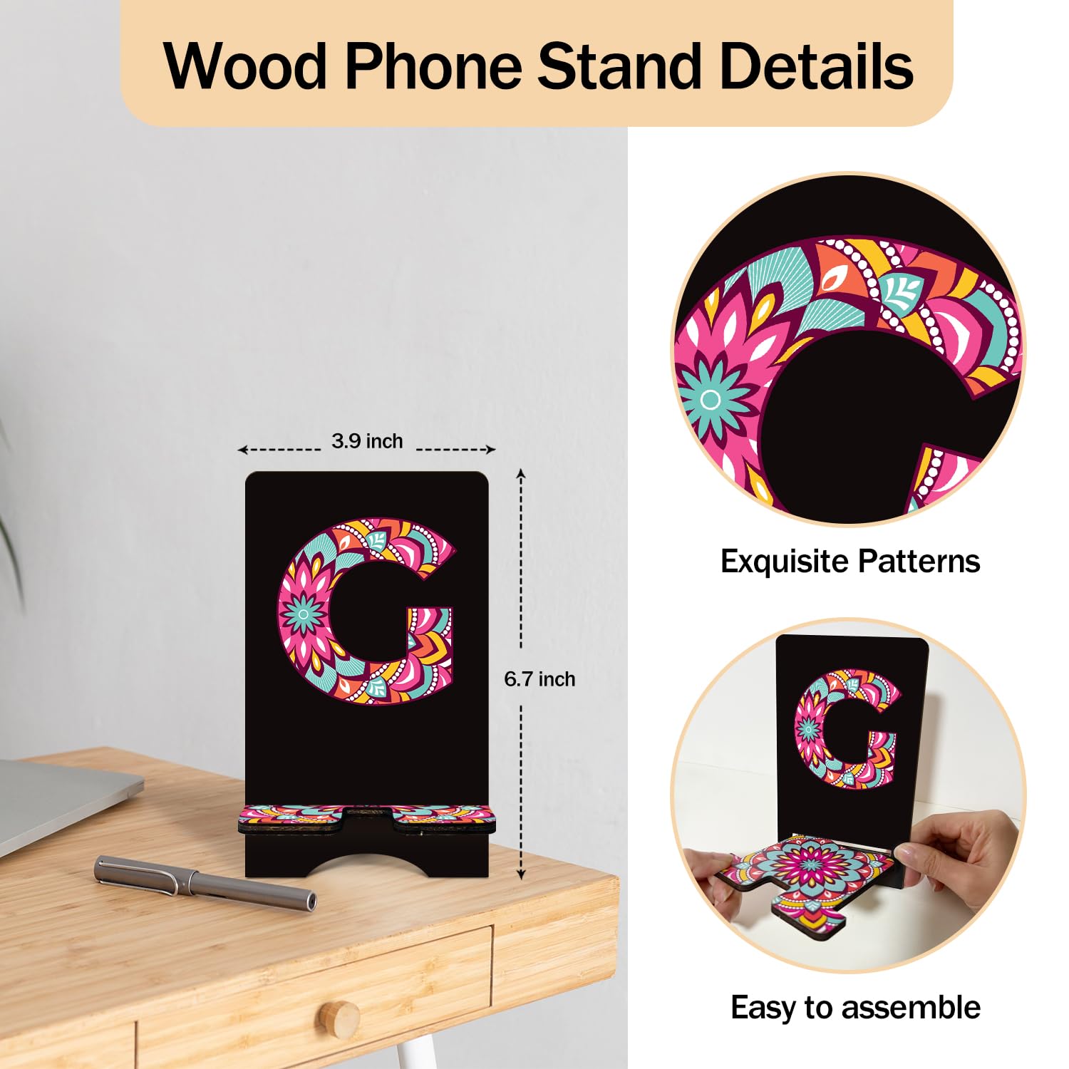Personalized Initial Wooden Cell Phone Stand - Custom Engraved Desk & Office Phone Holder with Charging Hole, Universal Smartphone & Tablet Stand for iPhone, Samsung, iPad - Perfect for Work, Study & Video Calls