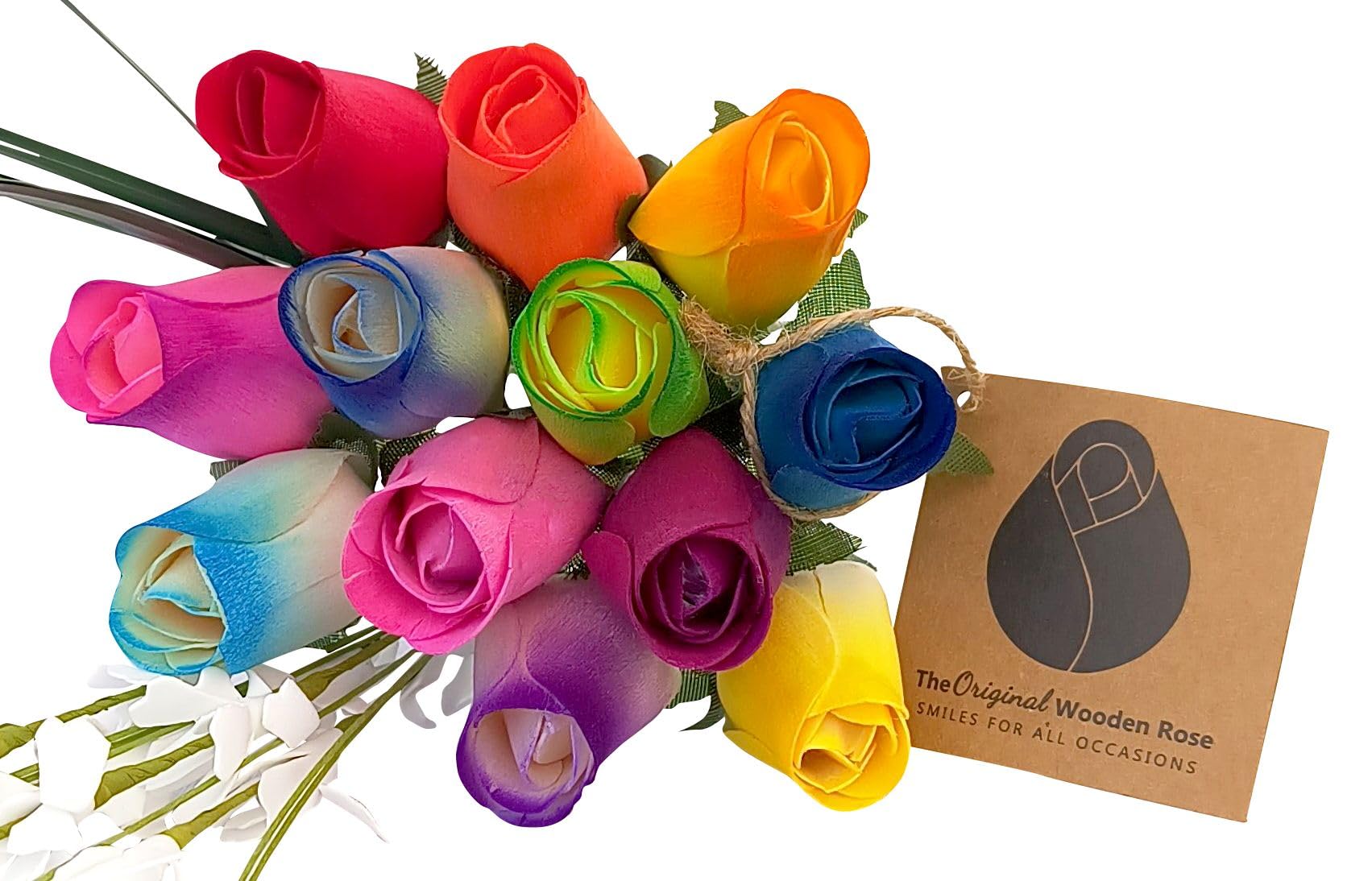 12 Assorted Color Wooden Rose Closed Bud Bouquets - Handmade Artificial Flowers for Wedding Decor, Home Centerpiece, Romantic Gifts & DIY Crafts