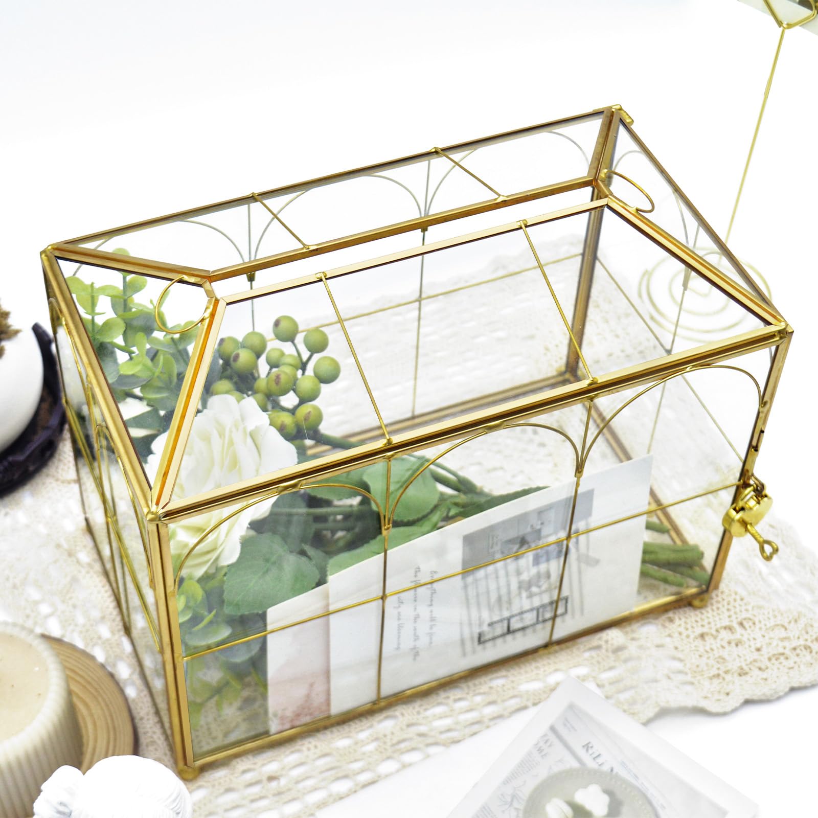 Large Gold and Glass Wedding Card Box with Lock & Key - Vintage Geometric Envelope Holder for Reception, Parties & Bridal Showers - Secure Gift Money Box for Weddings, Anniversaries & Special Events