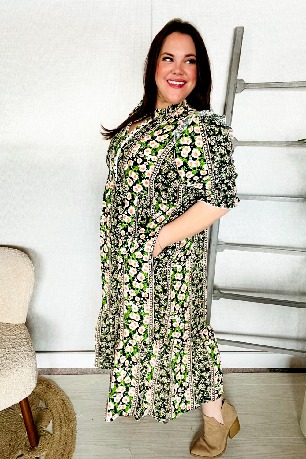 Elegant Black & Green Ruffled Notch Neck Babydoll Smocked Midi Dress for Women | Flowy Summer Dress for Date Night, Garden Party & Special Occasions