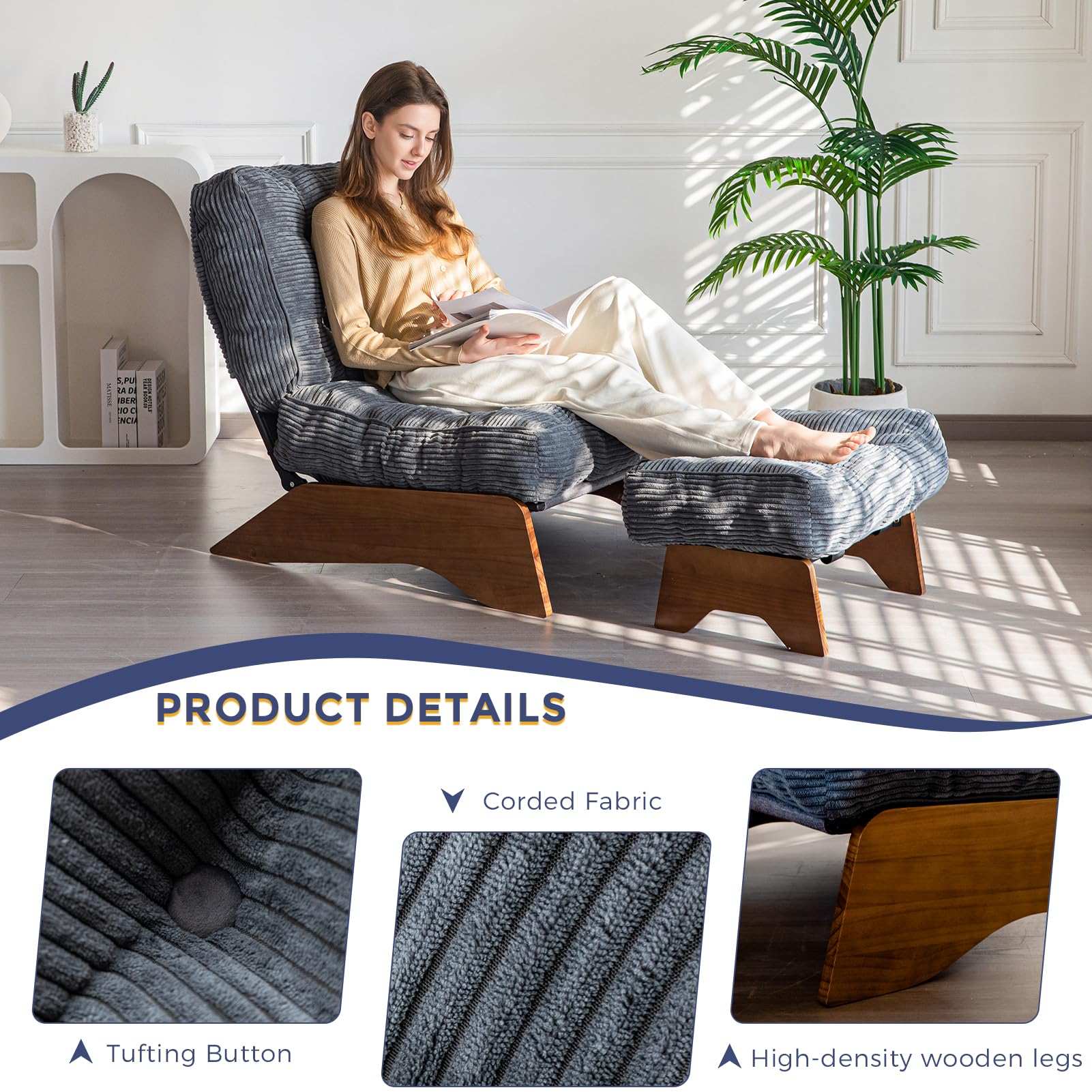 MAXYOYO Adjustable Accent Chair with Ottoman Set - Dark Grey Tufted Lounge Chair for Living Room, Bedroom & Office - Modern Comfortable Seating for Relaxing, Reading & Working