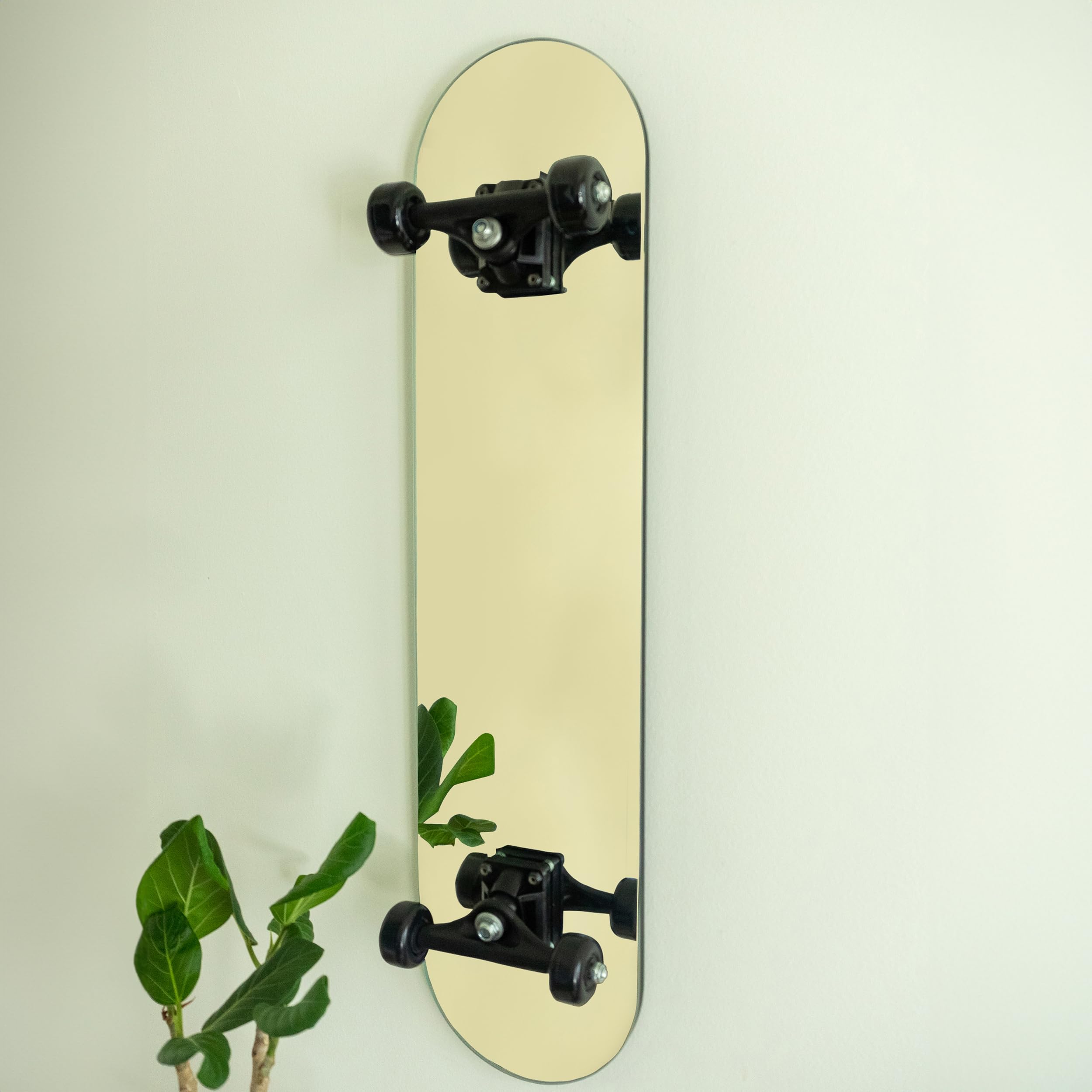Skateboard Wall Mirror - Stainless Steel with Real Trucks & Wheels - Silver Tree Bar Design for Bedroom, Living Room & Skate Shop Decor