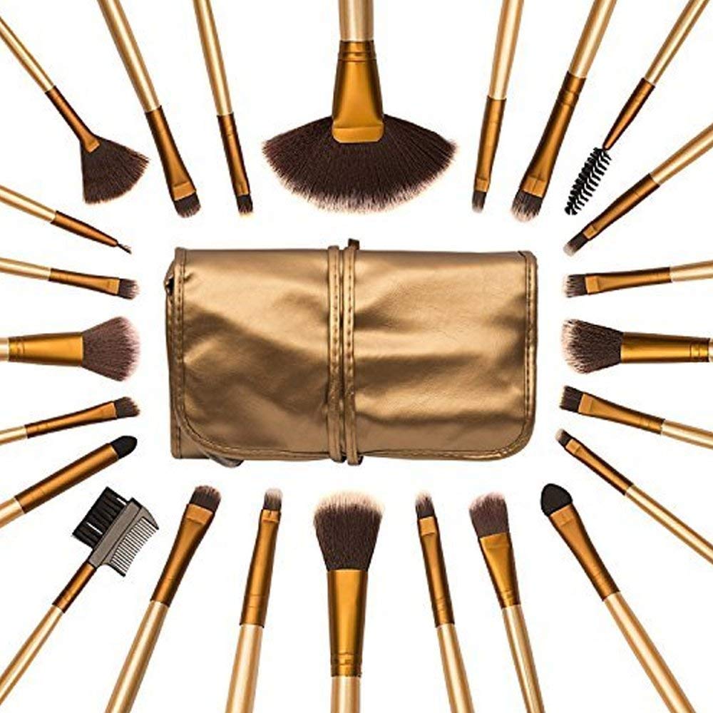24Pcs Golden Professional Makeup Brush Set with Leather Case - Essential Cosmetic Tools for Makeup Artists & Beginners | Perfect for Daily Makeup, Contouring, Blending & Professional Makeup Application