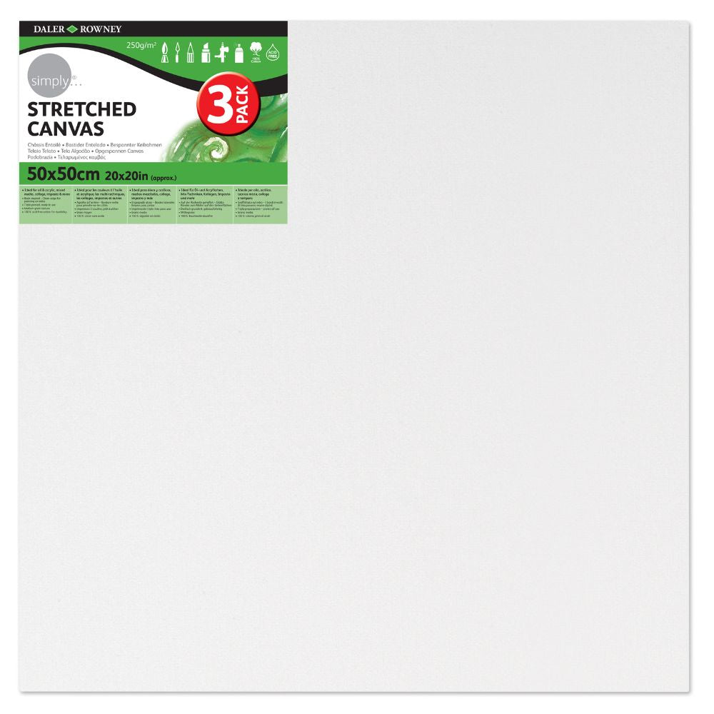 Daler Simply Canvas 3-Pack 50x50cm (20x20 Inch) Stretched Cotton Canvas for Acrylic & Oil Painting - Perfect for Artists, Beginners & DIY Home Decor Projects