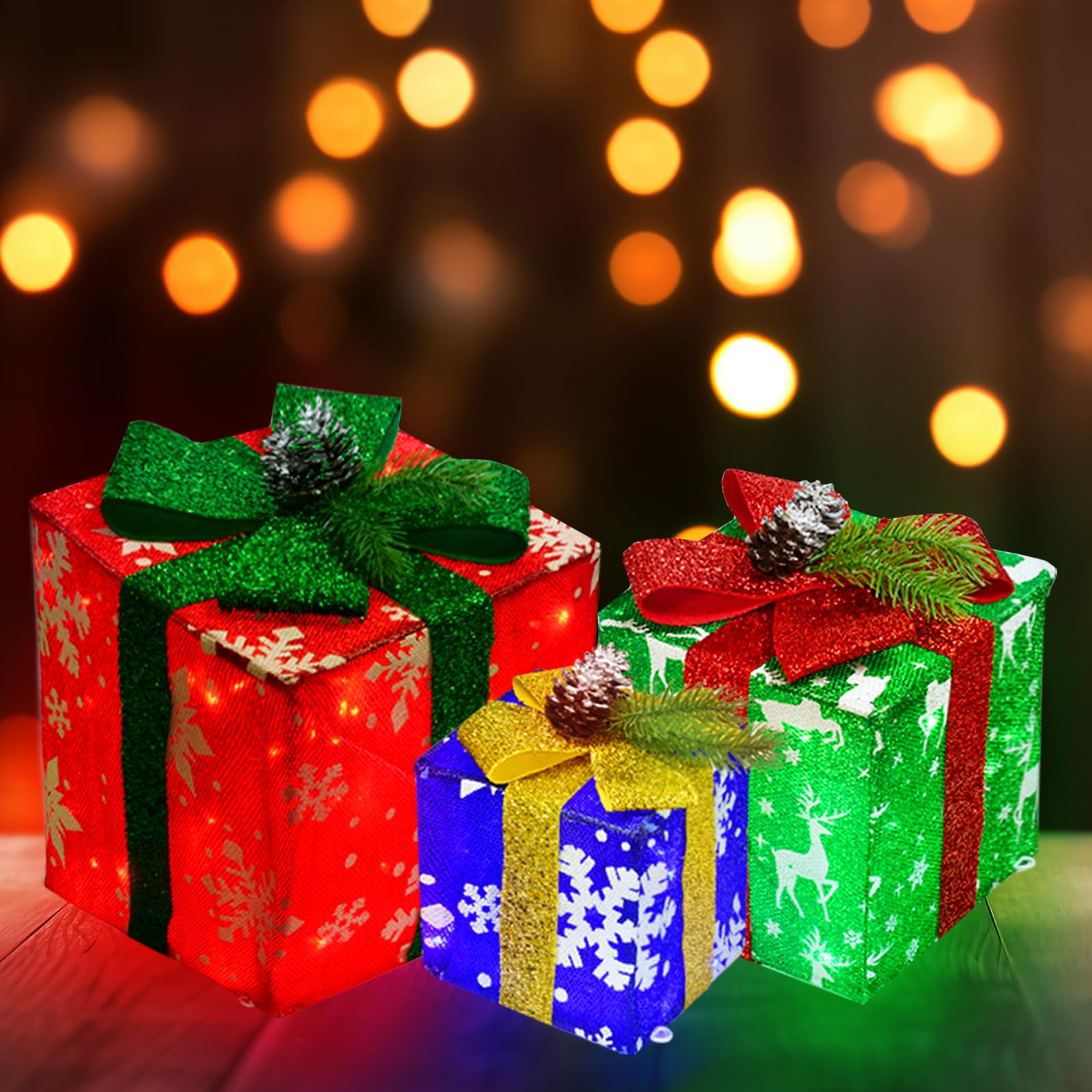 HOYECHI 3-Pack LED Christmas Lighted Boxes - 70 LED Outdoor Holiday Decorations, Waterproof Light Up Gift Boxes for Yard, Garden, and Patio Decor - Perfect for Christmas, Parties, and Winter Celebrations
