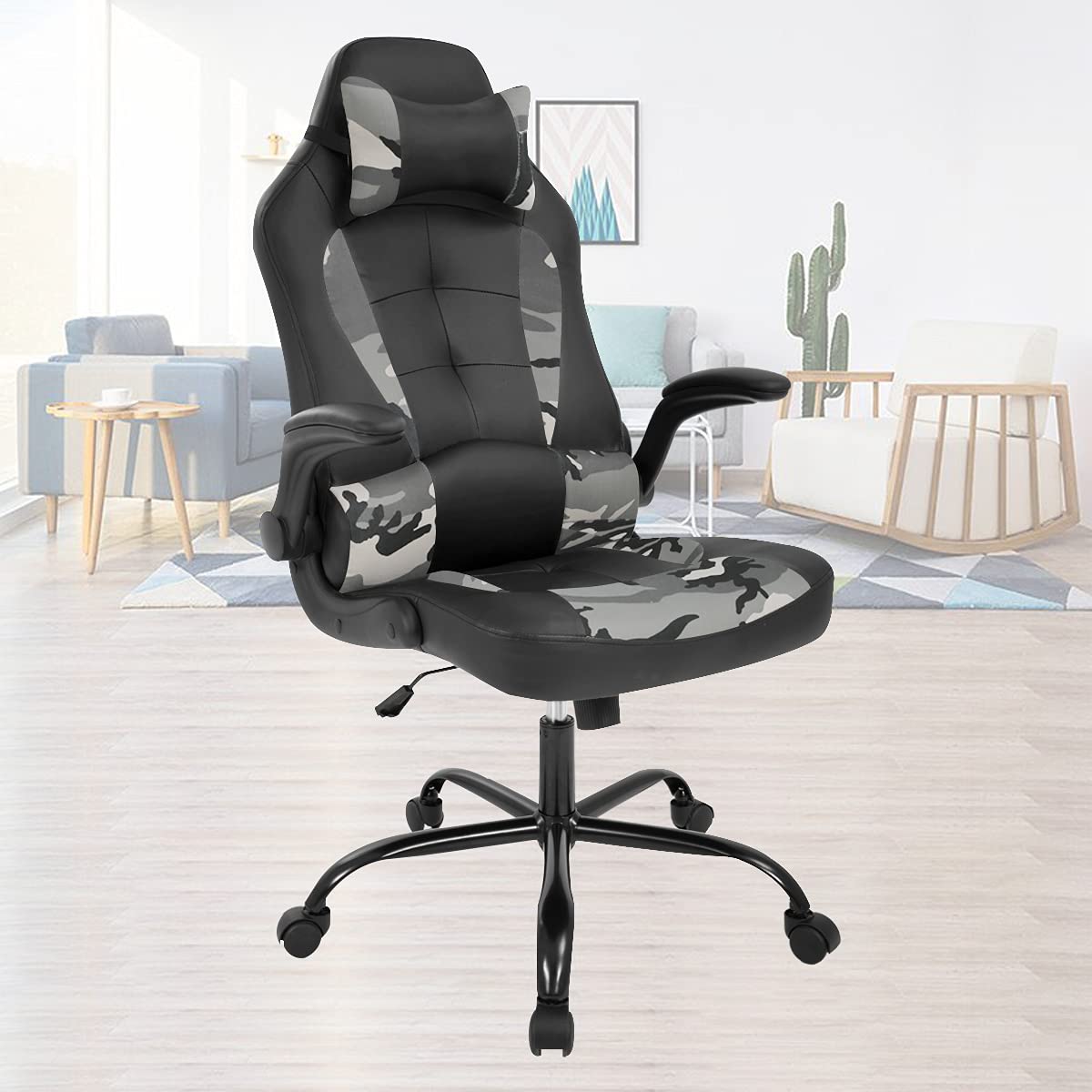 Ergonomic Gaming Chair with Lumbar Support & Flip-Up Arms - PU Leather High Back Office Chair for Adults - Adjustable Headrest Computer Desk Chair - Perfect for PC Gaming, Home Office & Workstation (Camo Design)