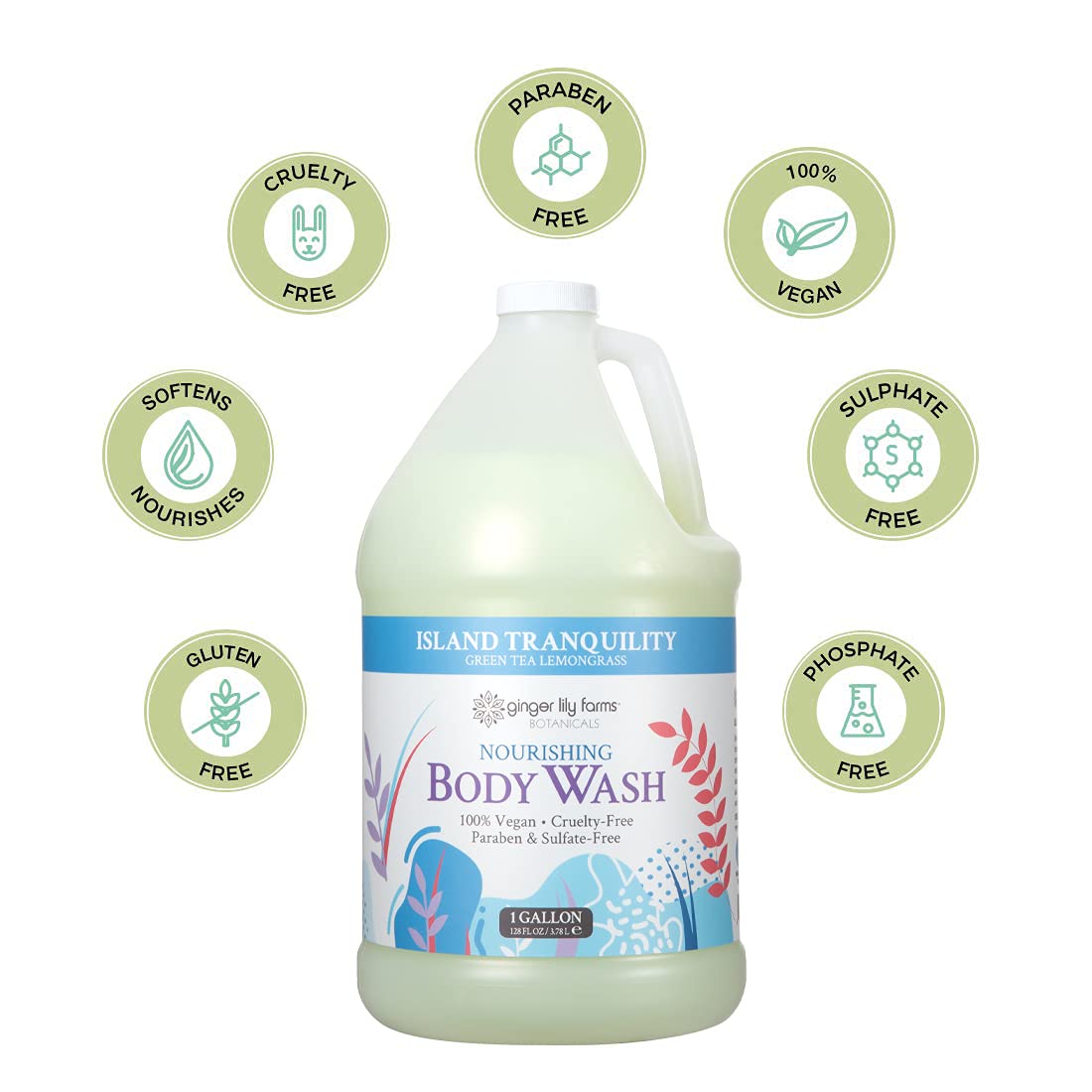 Ginger Lily Farms Botanicals Nourishing Body Wash - Island Tranquility Scent with Green Tea & Lemongrass | 100% Vegan & Cruelty-Free | 1 Gallon Refill (Pack of 4) | Perfect for Spas, Hotels & Eco-Friendly Homes