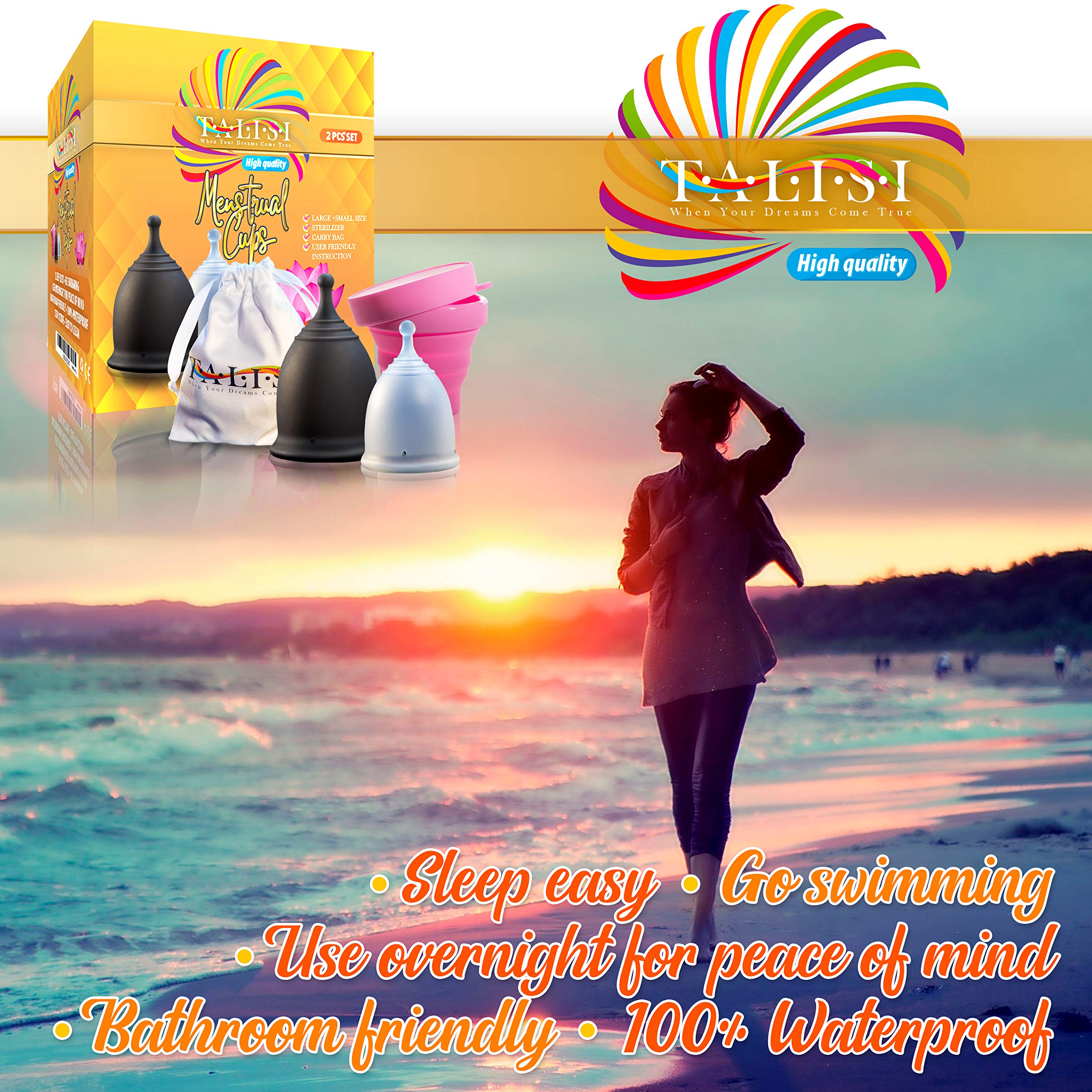 **Talisi Reusable Menstrual Cup Set - Soft Silicone Foldable Period Cup with Sterilizer Case - Eco-Friendly Alternative to Tampons & Pads - Small & Large Sizes for Light & Heavy Flow - Perfect for Travel, Gym & Active Lifestyles**