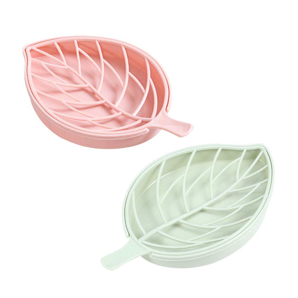 Cabilock 2-Pack Creative Double Layer Leaf Shaped Soap Dish with Drain - Plastic Soap Holder Tray for Bathroom, Shower & Kitchen - Pink & Green - Perfect for Organizing Soaps in Wet Areas