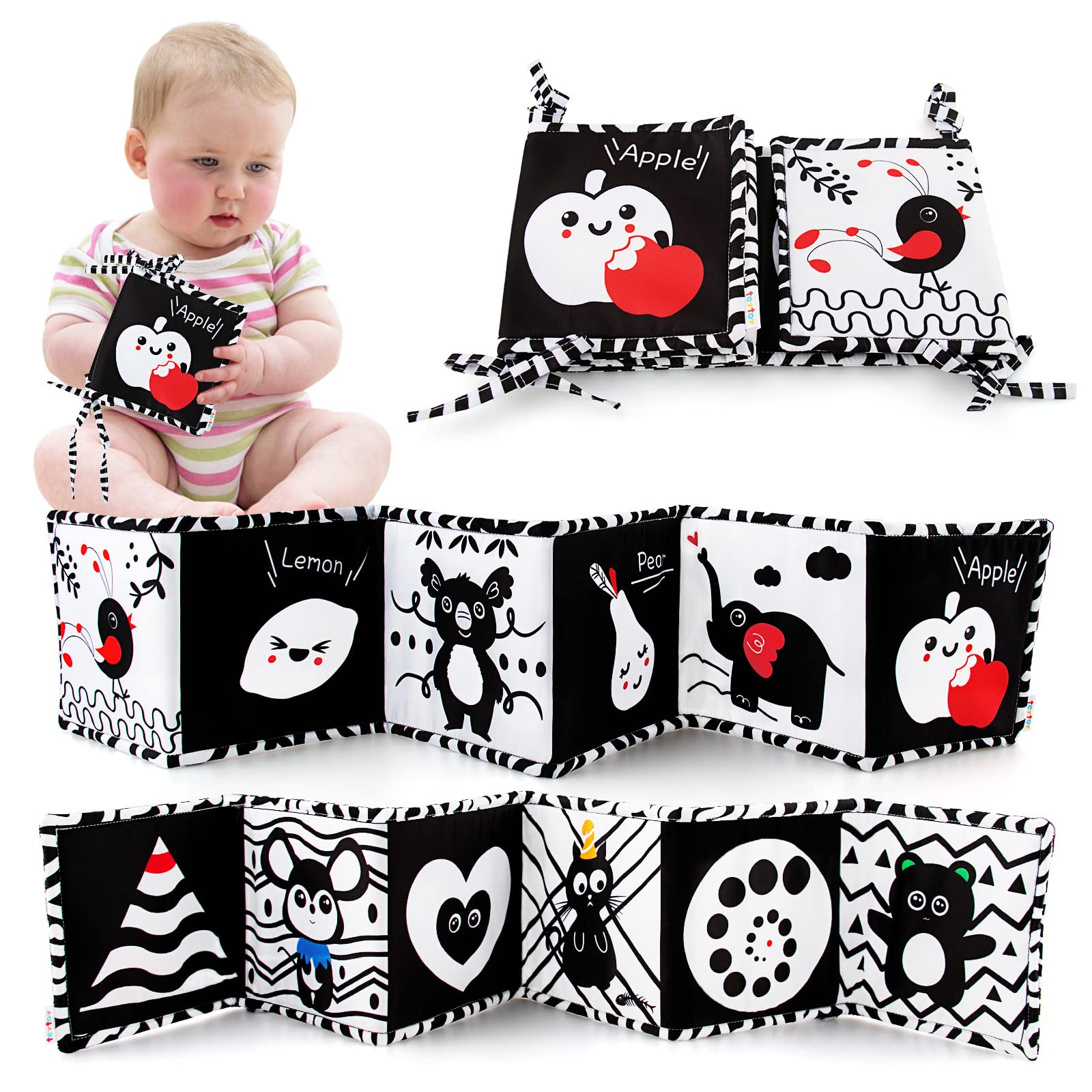 Teytoy Black and White High Contrast Baby Book - Newborn Sensory Toys 0-6 Months for Brain Development | Tummy Time, Stroller, Crib & Car Seat Activity | Soft Crinkle Folding Book for Infant Visual Stimulation and Early Learning
