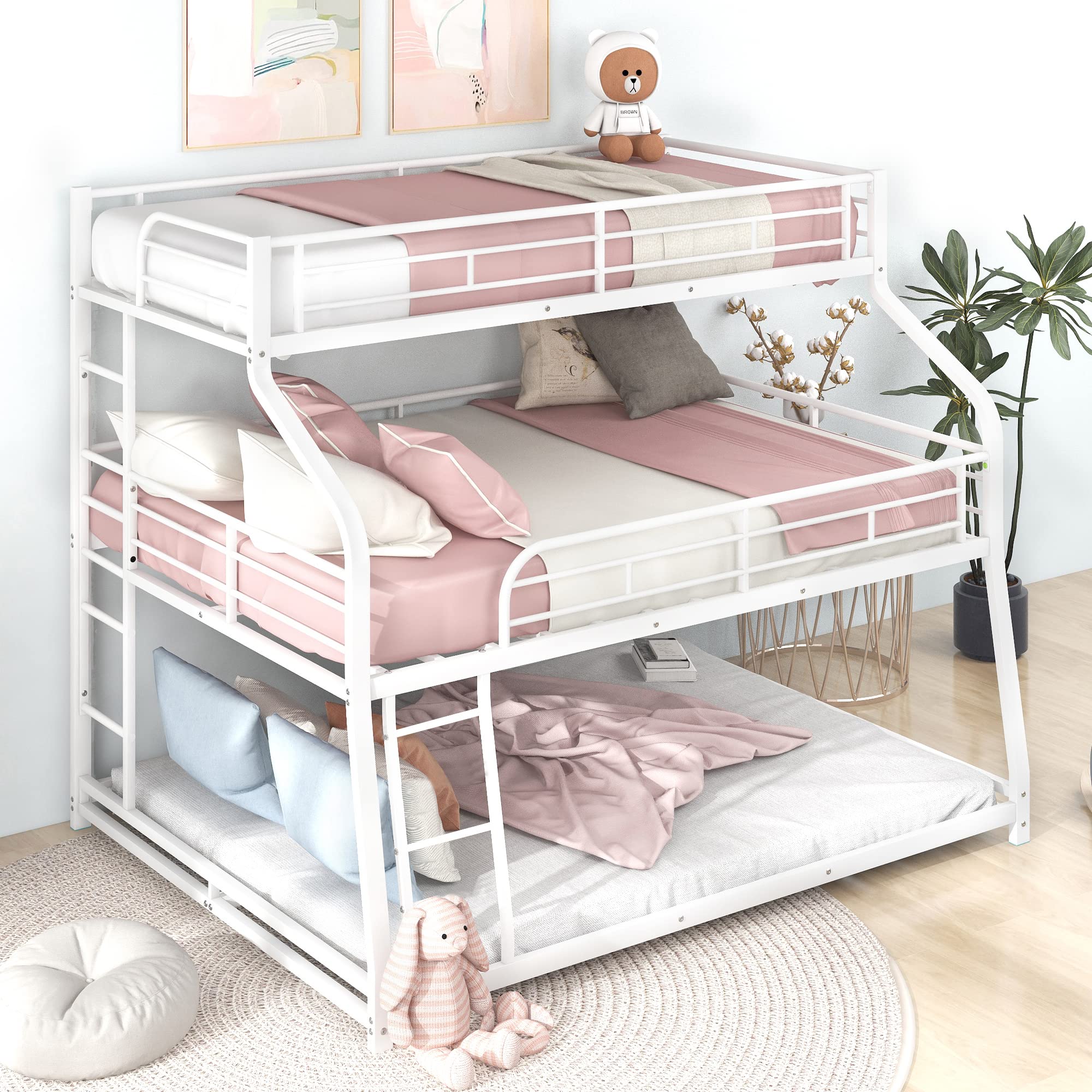 Twin XL/Full XL/Queen Size Triple Bunk Bed - Sturdy Metal Steel Bed Frame with Full-Length Safety Guardrails & Dual Ladder Options (White) | Perfect for Kids' Bedrooms, Dormitories, and Space-Saving Home Furniture
