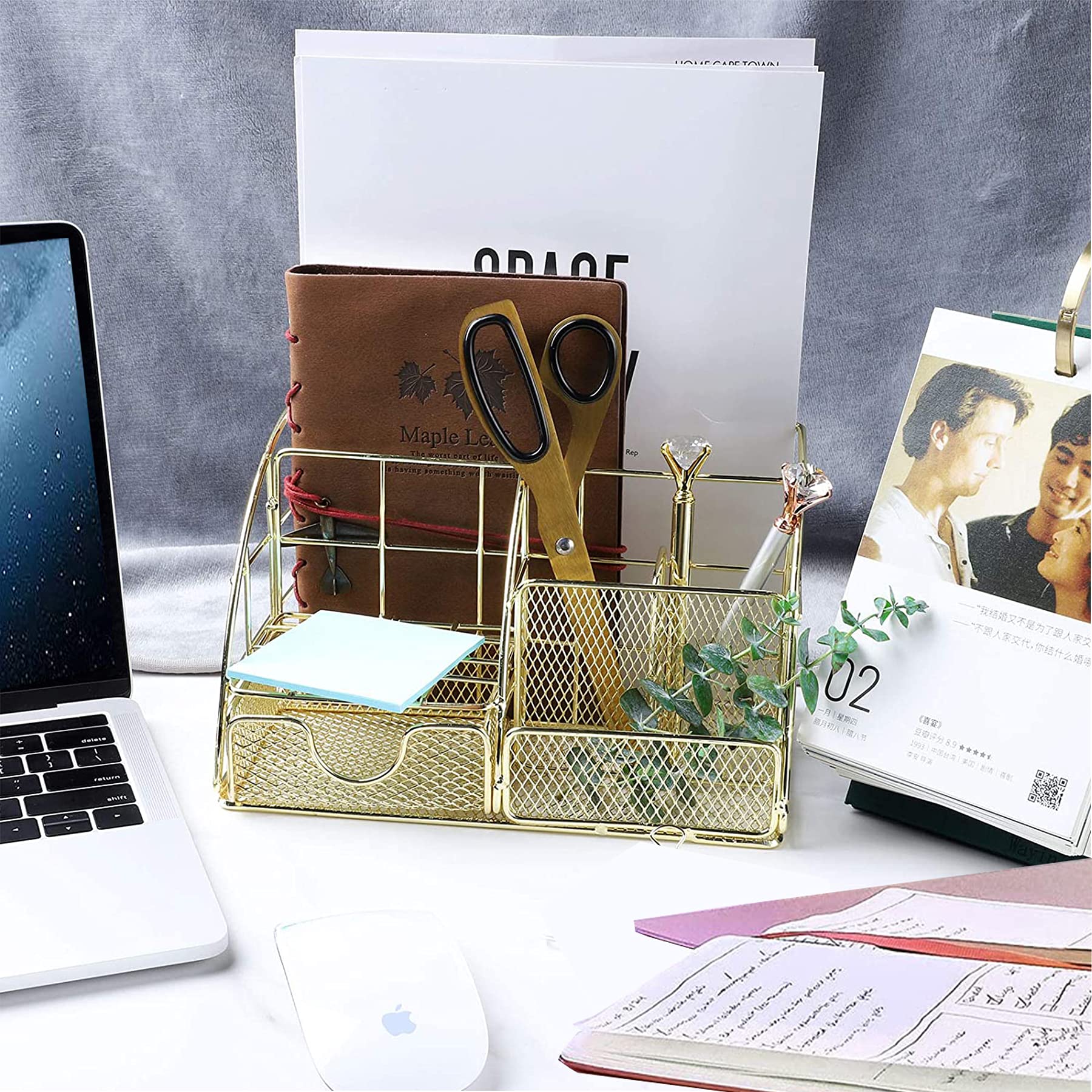 Gold Desk Organizer Set - All-in-One Desktop Organizer with Pen Holder, Pencil Holder & Paper Tray | Stylish Mesh Office Accessory with Drawer for Home & Office Supplies | Perfect for Work Desks, Study Areas & Gift Giving