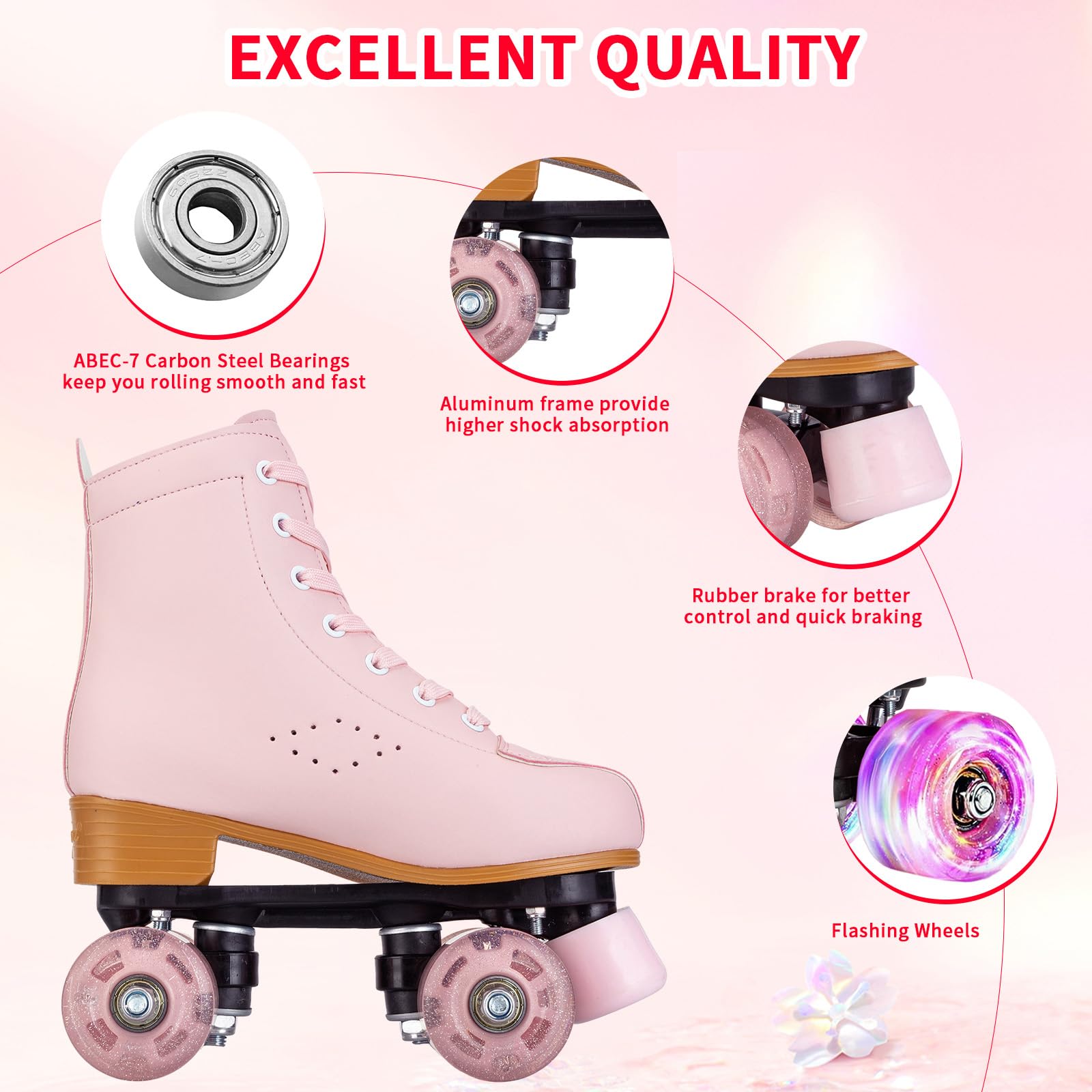 Light Up Roller Skates for Girls & Women - Pink & Purple PU Leather Skates for Indoor & Outdoor Use - Perfect for Beginners Ages 8-12 - Great for Rinks, Parks & Birthday Parties