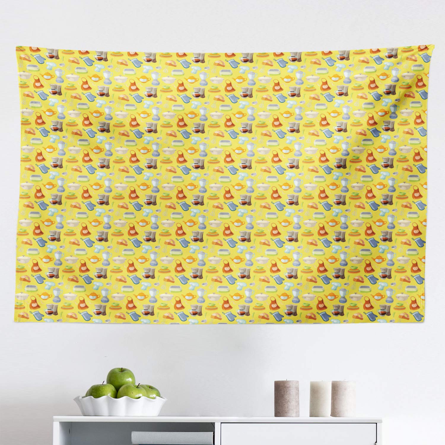 Ambesonne Colorful Kitchen Tapestry - Yellow Pattern Apron, Bowl, Chef Hat & Oven Gloves Set - 45