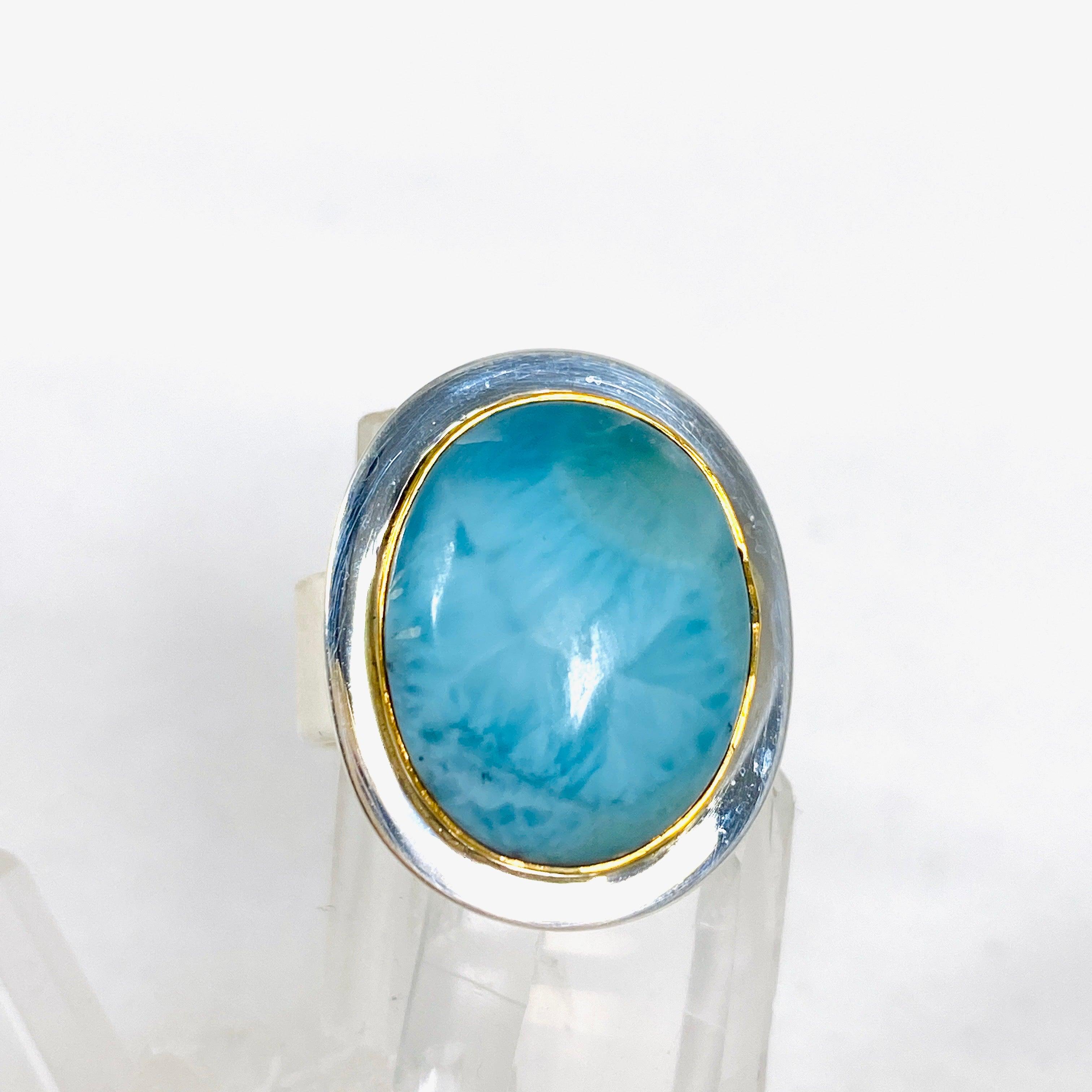 Larimar Oval Ring with Brass Detailing - Size 10 - KRGJ3104 - Perfect for Boho Jewelry Lovers & Beach Wedding Accessories