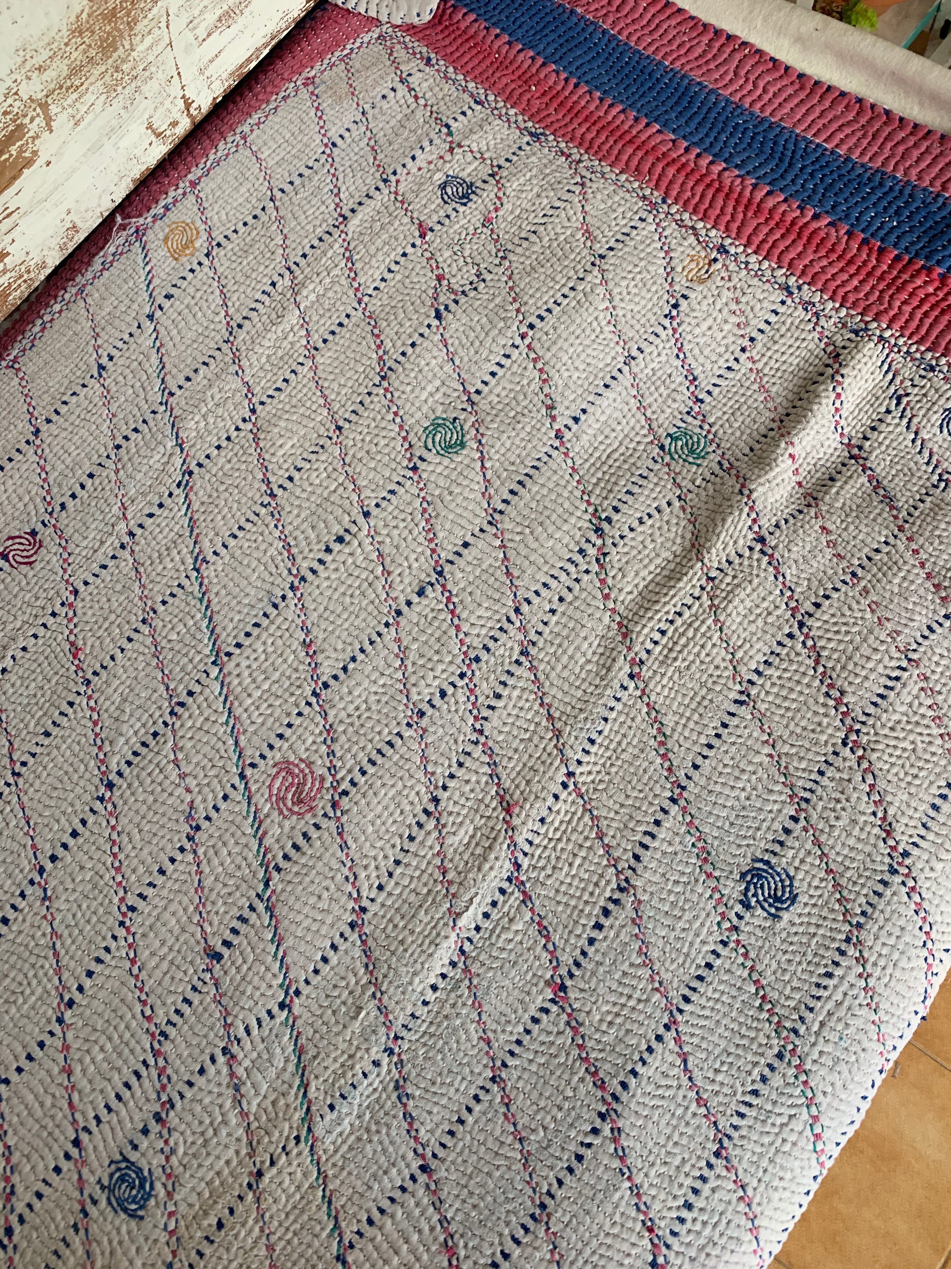Handmade Kantha Blanket - Soft Blue & White Cotton Throw for Cozy Home Decor, Bed, Sofa & Travel