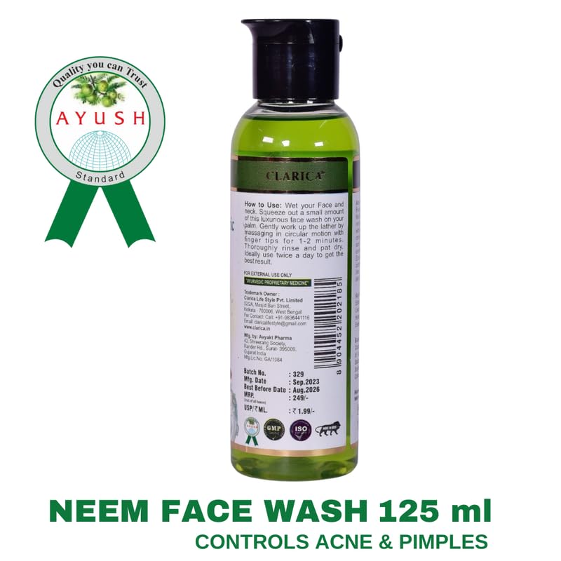 Clarica Neem Face Wash for Acne Prone Skin - Sulfate & Paraben Free Anti Acne Cleanser with Tea Tree Oil for Oily & Sensitive Skin - 125ml for Women & Men | Daily Deep Cleansing & Pore Minimizing Skincare Routine
