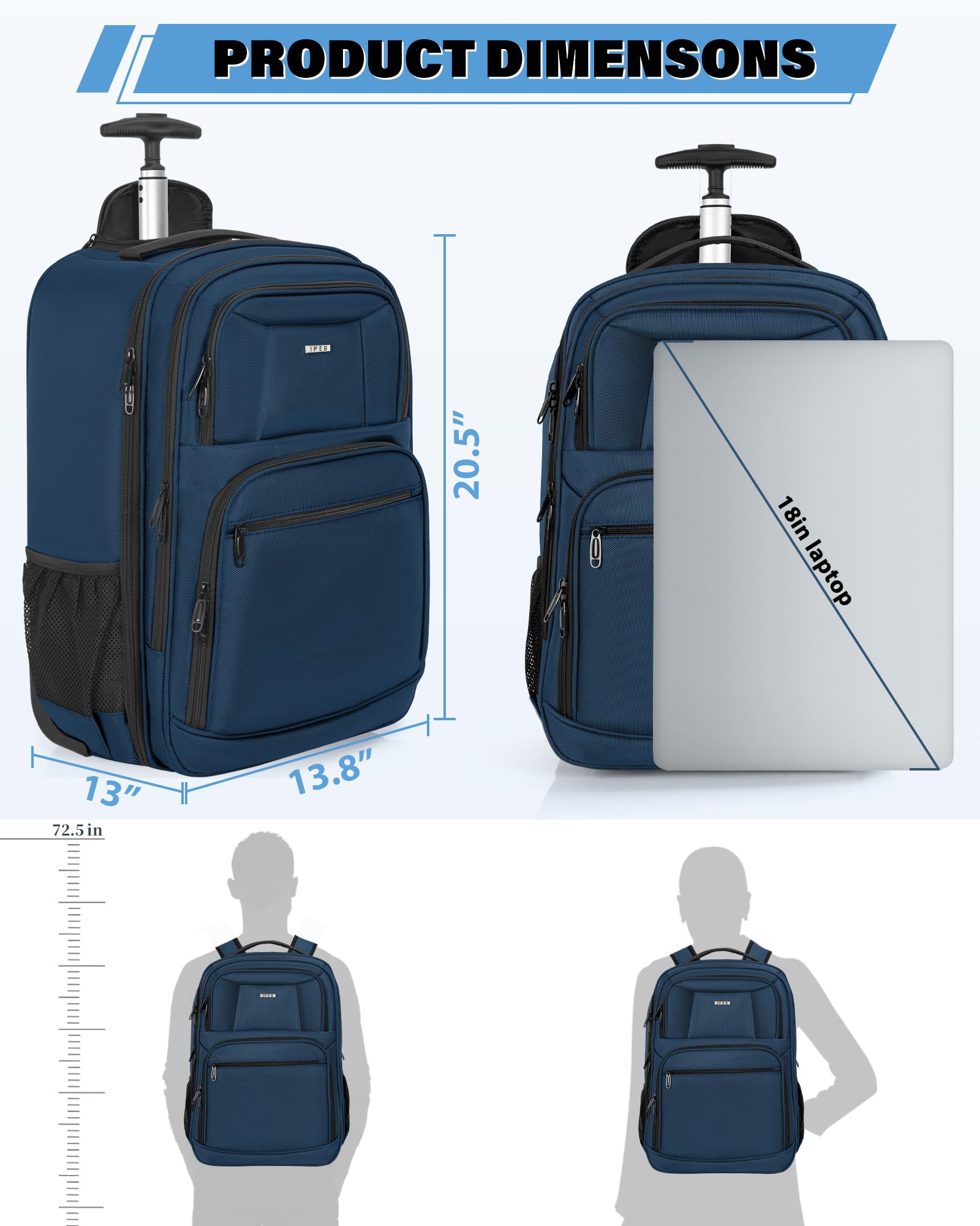 Waterproof Rolling Business Backpack with Wheels - Fits 18 Inch Laptop, Trolley Travel Bag for Commuters & Business Trips (Blue) - Perfect for Airports, Office & Daily Commute