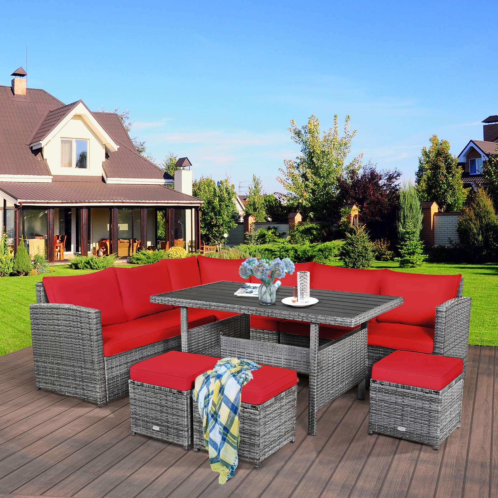 Tangkula 7-Piece Outdoor Patio Furniture Set - All-Weather Wicker Sectional Sofa with Cushions, Coffee Table & Ottomans for Backyard, Garden, Poolside - Perfect for Relaxing, Entertaining & Outdoor Dining