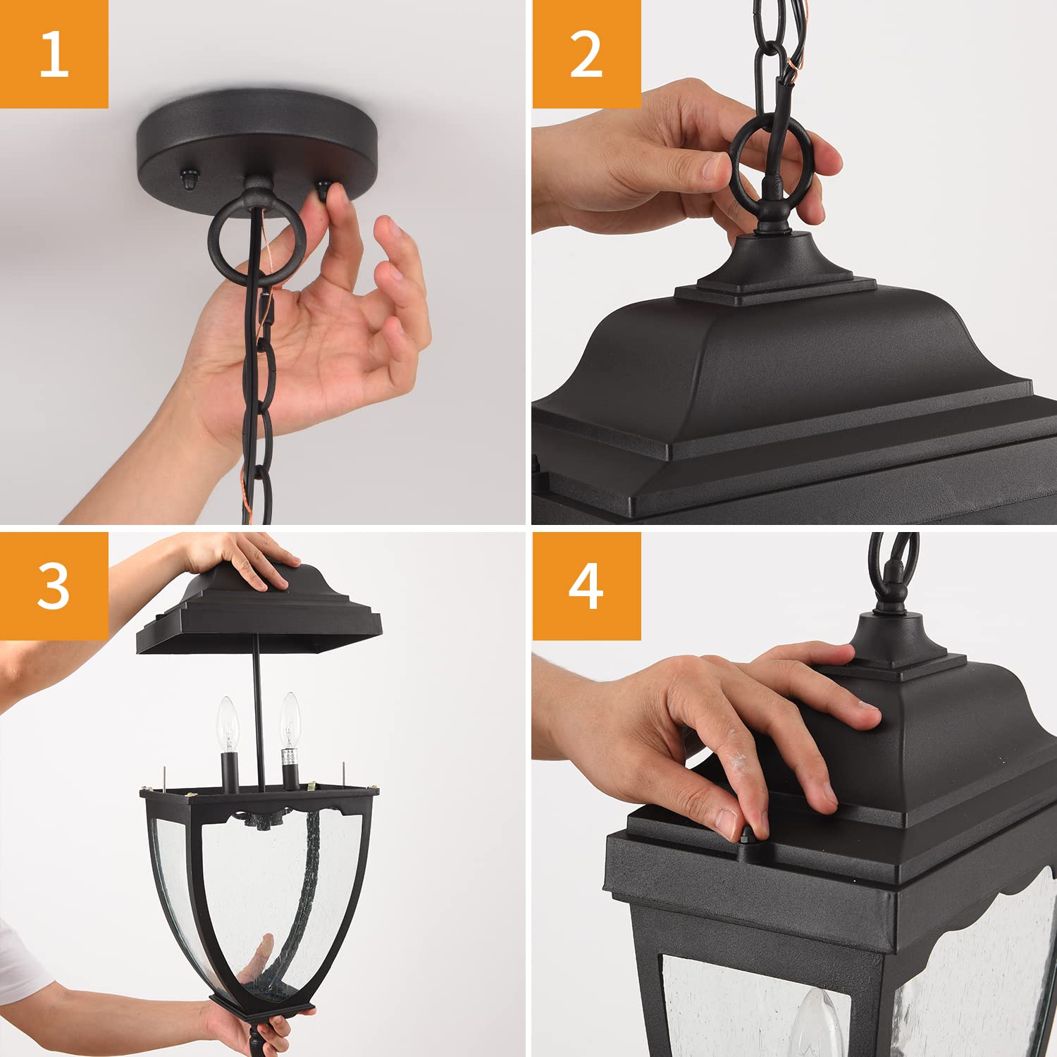 Black Outdoor Pendant Light Fixtures - Exterior Hanging Lantern Chandelier with Seeded Glass for Entryway, Doorway, Farmhouse & Foyer - Perfect for Porch, Patio, and Garden Lighting