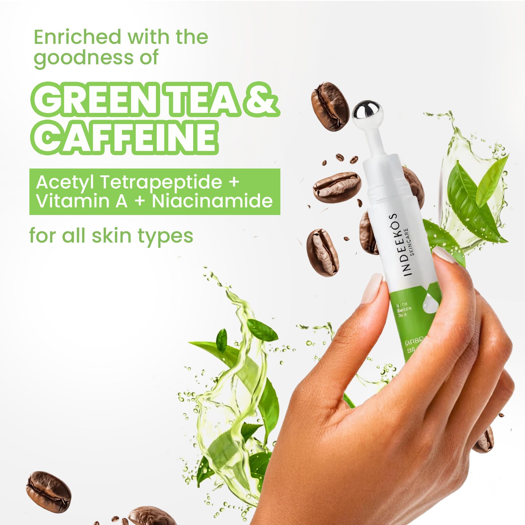 INDEEKOS Under Eye Gel Cream with Caffeine & Green Tea - Reduces Dark Circles, Puffiness, Wrinkles & Fine Lines - Hydrating Glow Booster for Men & Women - Vegan 15g - Perfect for Night Routine & Travel Skincare