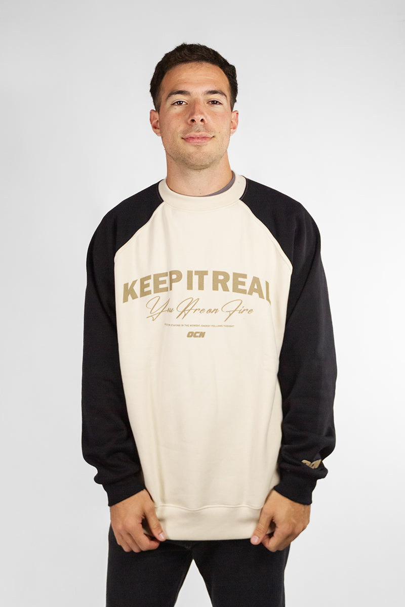 Men's Beige & Black Raglan Sleeve Pullover Sweatshirt - Comfortable Casual Wear for Everyday Outfits, Gym, and Outdoor Activities
