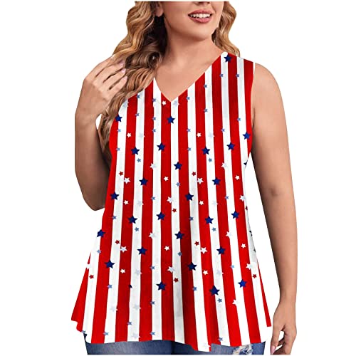 Plus Size American Flag Tops for Women - Summer Sleeveless Tees for 4th of July