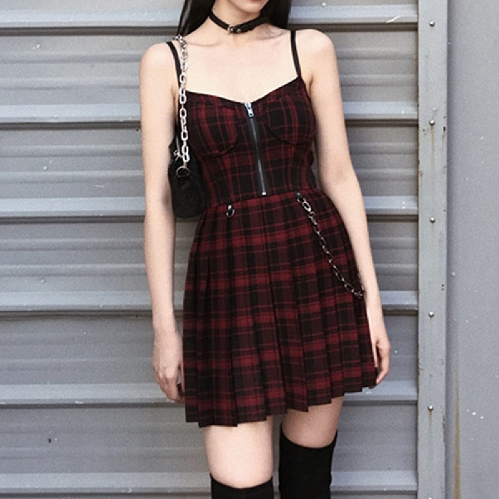 Gothic Punk Plaid Pleated Mini Dress for Women - Sexy Red & Black Spaghetti Strap Sleeveless Preppy Style Short Dress | Perfect for Concerts, Parties, and Gothic Fashion Outfits