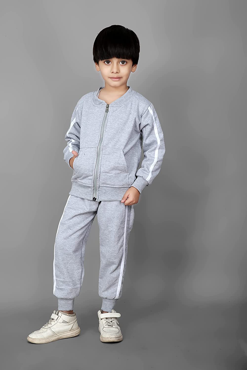 Ameeha Stylish Kids Striped Tracksuit for Boys & Girls (5-6 Years) - Grey | Comfortable Athletic Wear for Playtime & Outdoor Activities