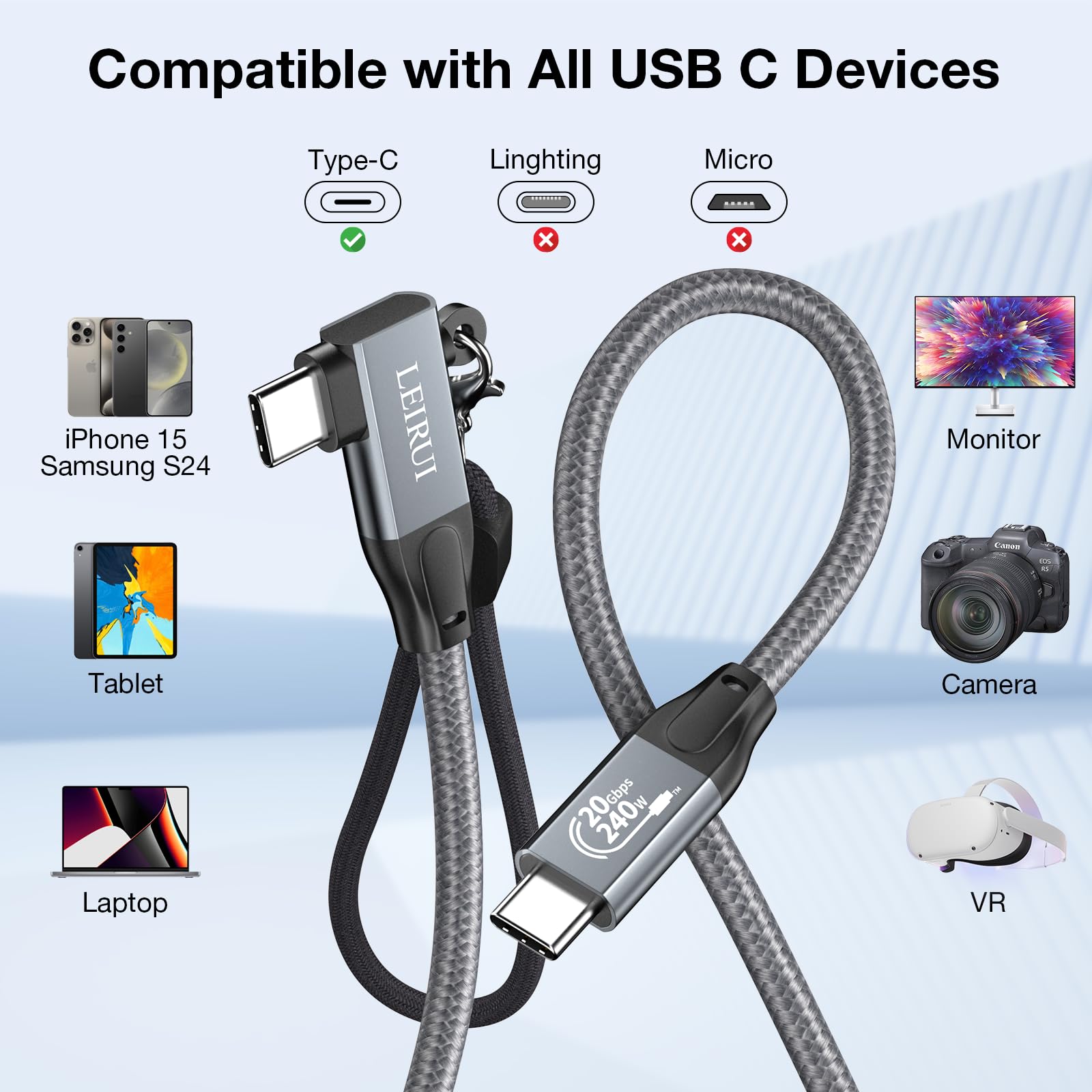 90 Degree USB C to USB C Cable 10FT - 20Gbps High-Speed Data Transfer, 4K@144Hz/60Hz Video, 240W Fast Charging - USB 3.2 Gen 2x2 Right Angle Monitor Cable for iPhone 15, Samsung Galaxy, MacBook, iPad Pro - Perfect for Gaming, Home Office & Travel Charging