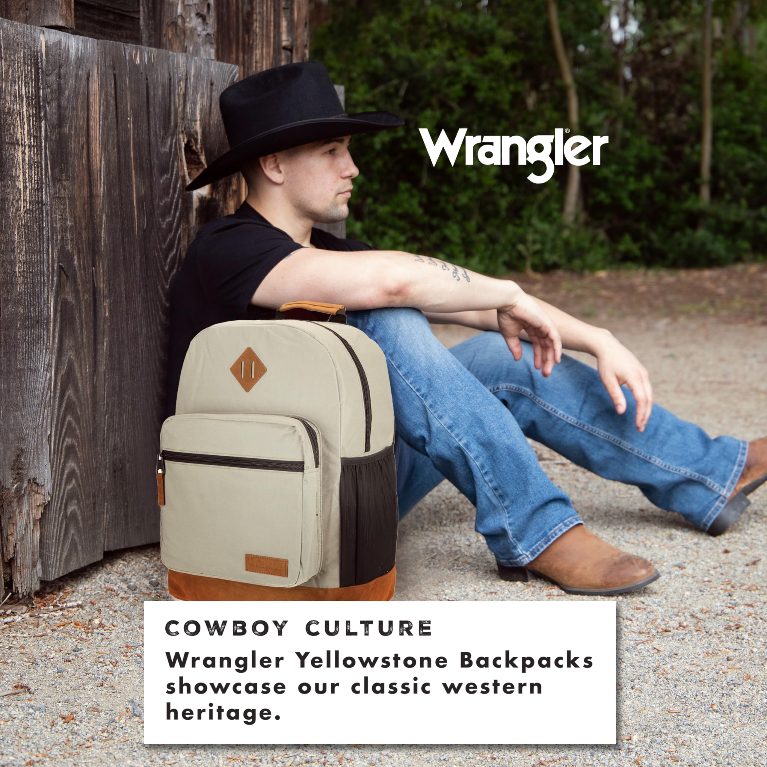 **Wrangler Yellowstone Western-Style Backpack - Water Resistant Coated Polyester Daypack for Travel, School & Work - Includes Padded Laptop Sleeve (Coated Grey) - Perfect for Hiking, Commuting & Campus Life**
