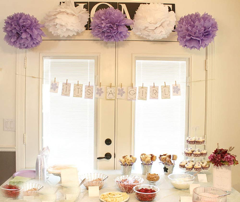 16-Piece White Lavender Grey Purple Tissue Paper Pom Poms & Lanterns - Elephant Baby Shower Decorations for Lavender Themed Party, Bridal Shower, Birthday Decor | Nursery, Wedding, Baby Shower Party Supplies
