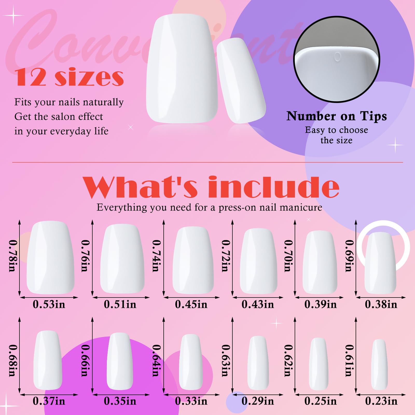 AddFavor 300pcs Medium Square Press-On Nails - White Glossy ABS Fake Nails for Women & Girls (12 Sizes) | Perfect for Parties, Weddings, Halloween & Everyday Wear