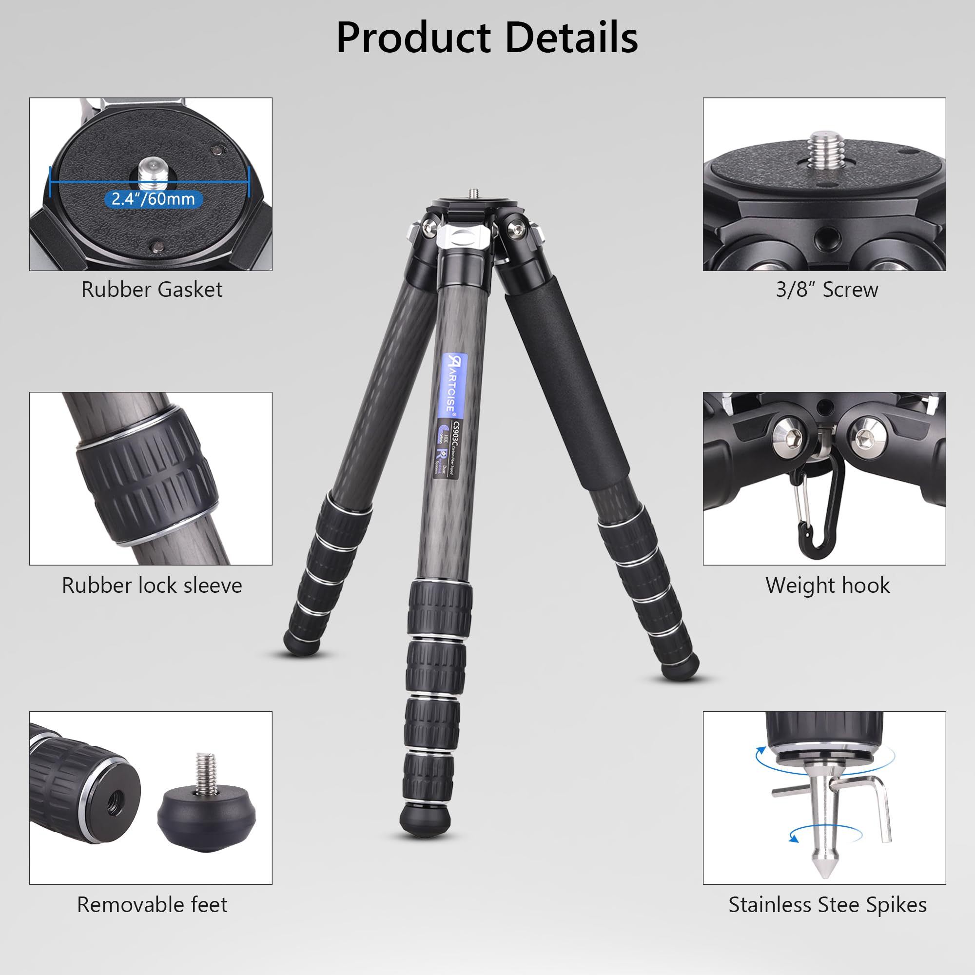 ARTCISE 78'' Professional Carbon Fiber Tripod for DSLR Cameras - Heavy Duty 10-Layer Carbon Fiber Tube, 5-Section with 40mm Max Tube Diameter, Supports 88lbs/40kg - Perfect for Outdoor Photography, Travel Vlogging & Studio Shooting