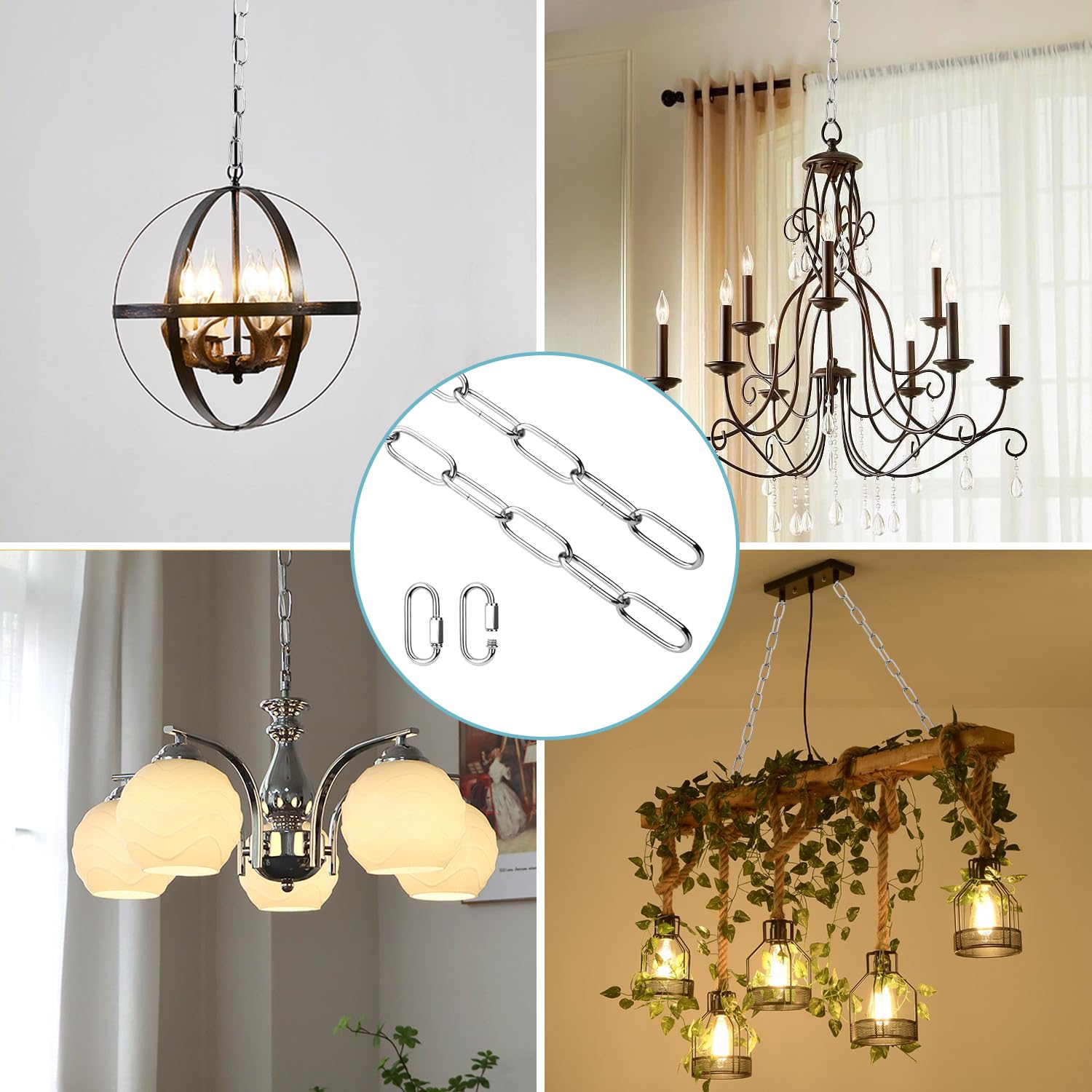 Helunsi 6FT Chrome Light Fixture Chain - Heavy Duty Metal Chandelier Extension with Link Lock for Pendant Ceiling Lights | Perfect for Dining Room, Bedroom & Home Decoration
