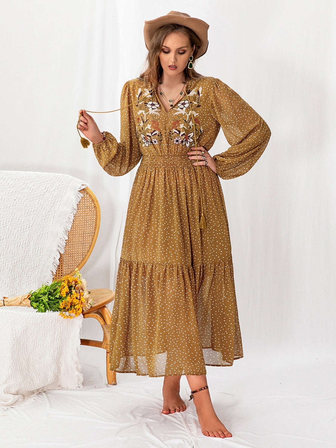 Plus Size Balloon Sleeve Maxi Dress for Women - Flowy Long Sleeve Elegant Party Gown - Perfect for Weddings, Evening Events & Special Occasions