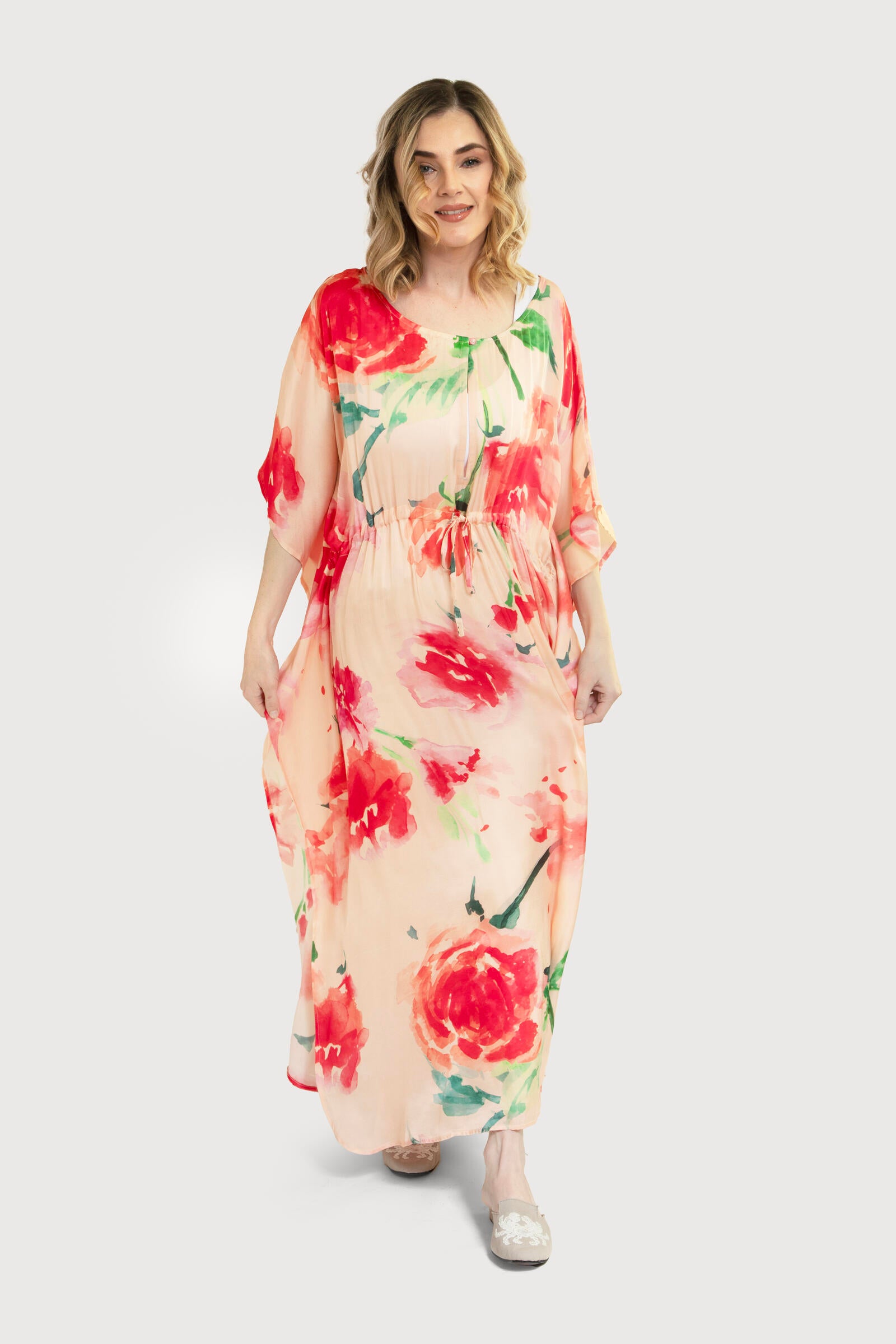 Elegant Floral Print Tie Waist Keyhole Kaftan Dress - Perfect for Beach Cover Up, Summer Vacation & Boho Chic Outfits