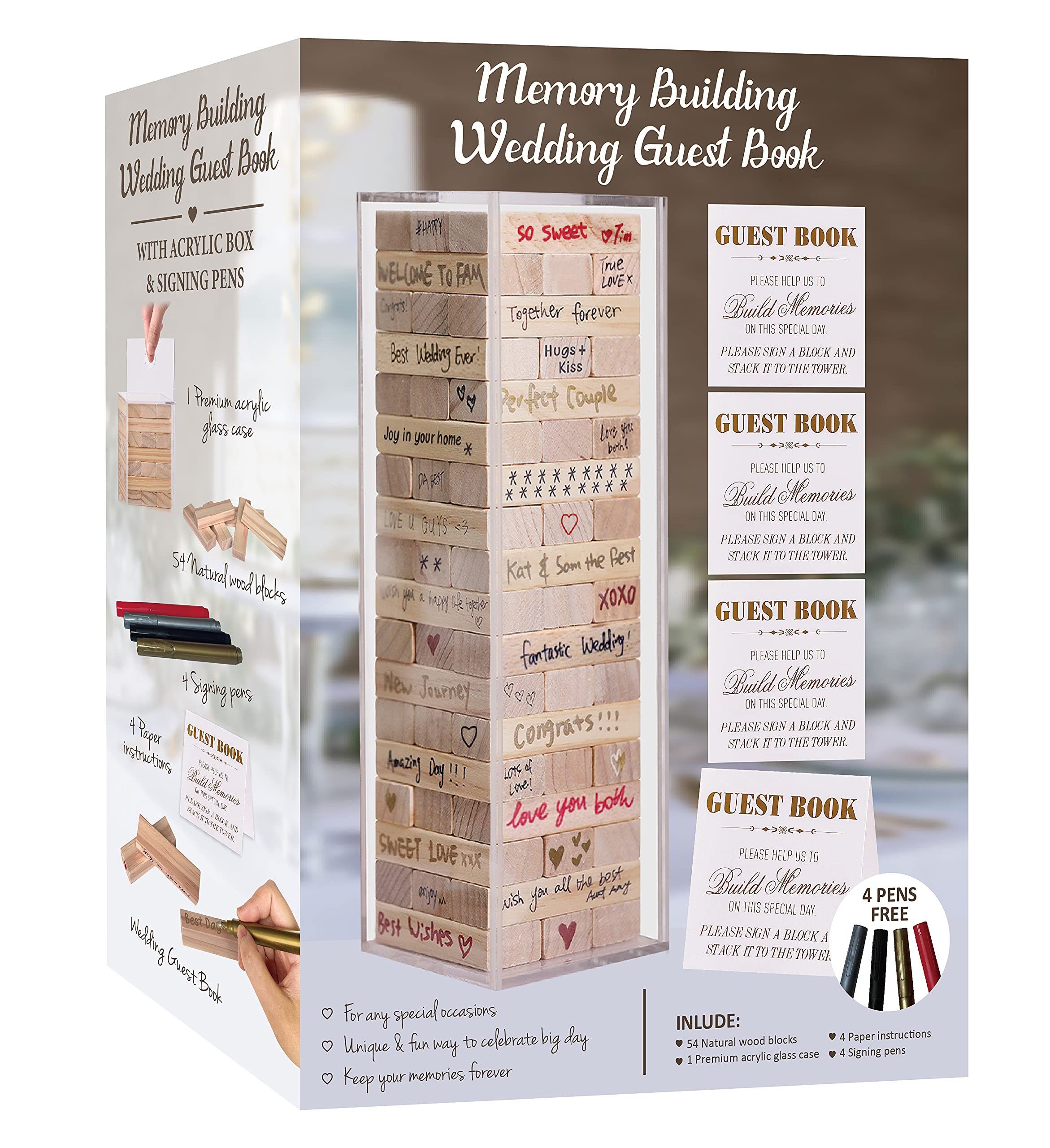 54 PCS Wooden Wedding Guest Book Alternative with Acrylic Display Box - Unique Guest Sign-in Book for Weddings, Baby Showers & Special Events - Includes 4 Paper Signs & 4 Color Pens - Perfect for Reception Decor & Keepsake Memories