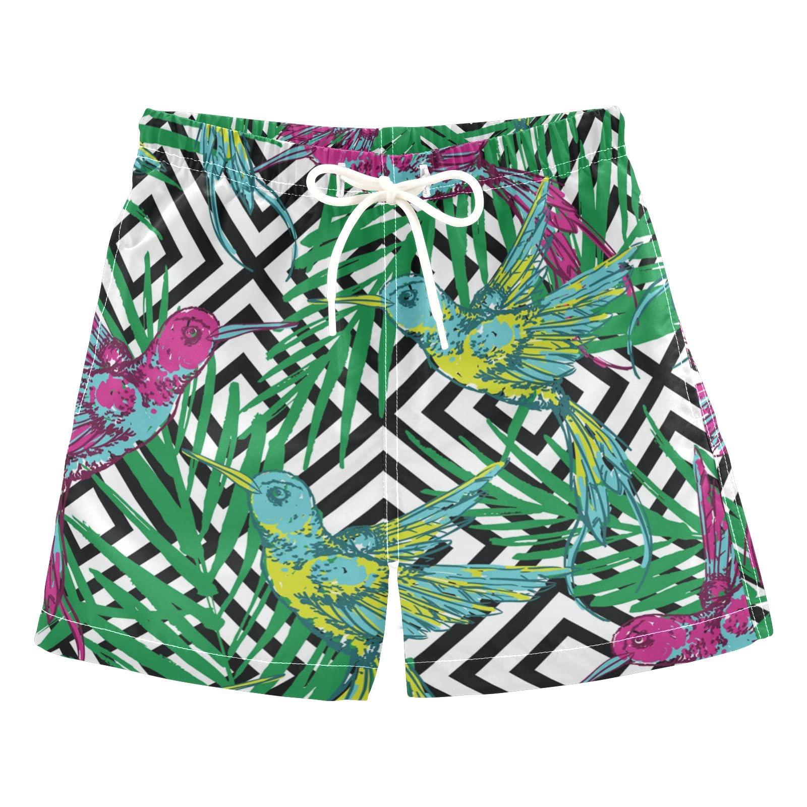 AMICHIC Boys Hummingbird & Palm Leaf Swim Trunks - Quick Dry Board Shorts for Beach, Surf & Pool - Hawaii Vacation Swimwear Essentials for Summer Water Activities