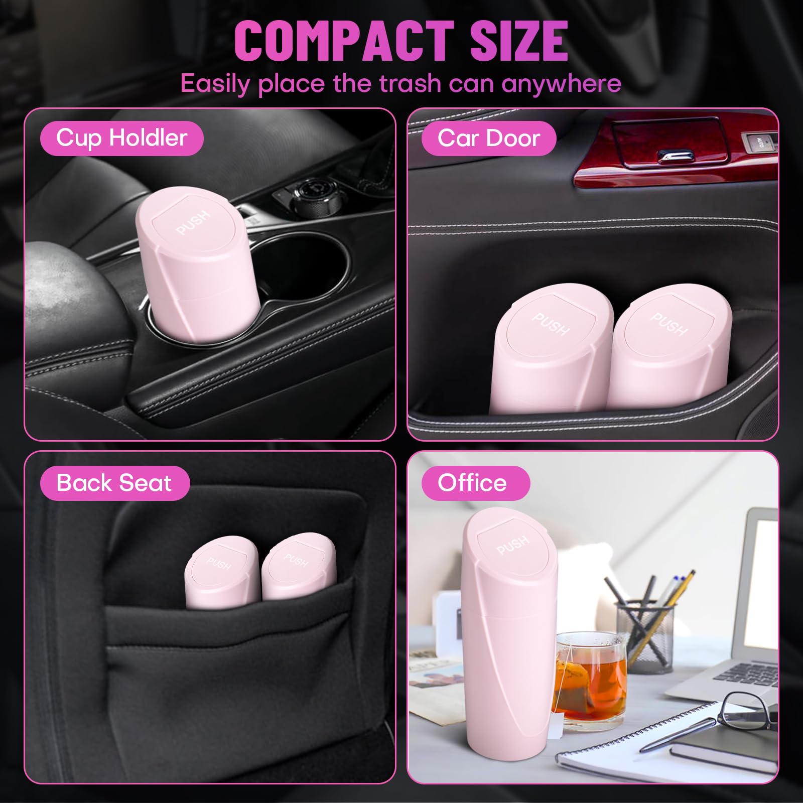 Leakproof Pink Car Trash Can with Lid - Mini Vehicle Garbage Bin for Cup Holder - Includes 20 Trash Bags - Car Organizer for Front & Back Seat Storage - Perfect for Road Trips, Commuting & Keeping Your Car Clean
