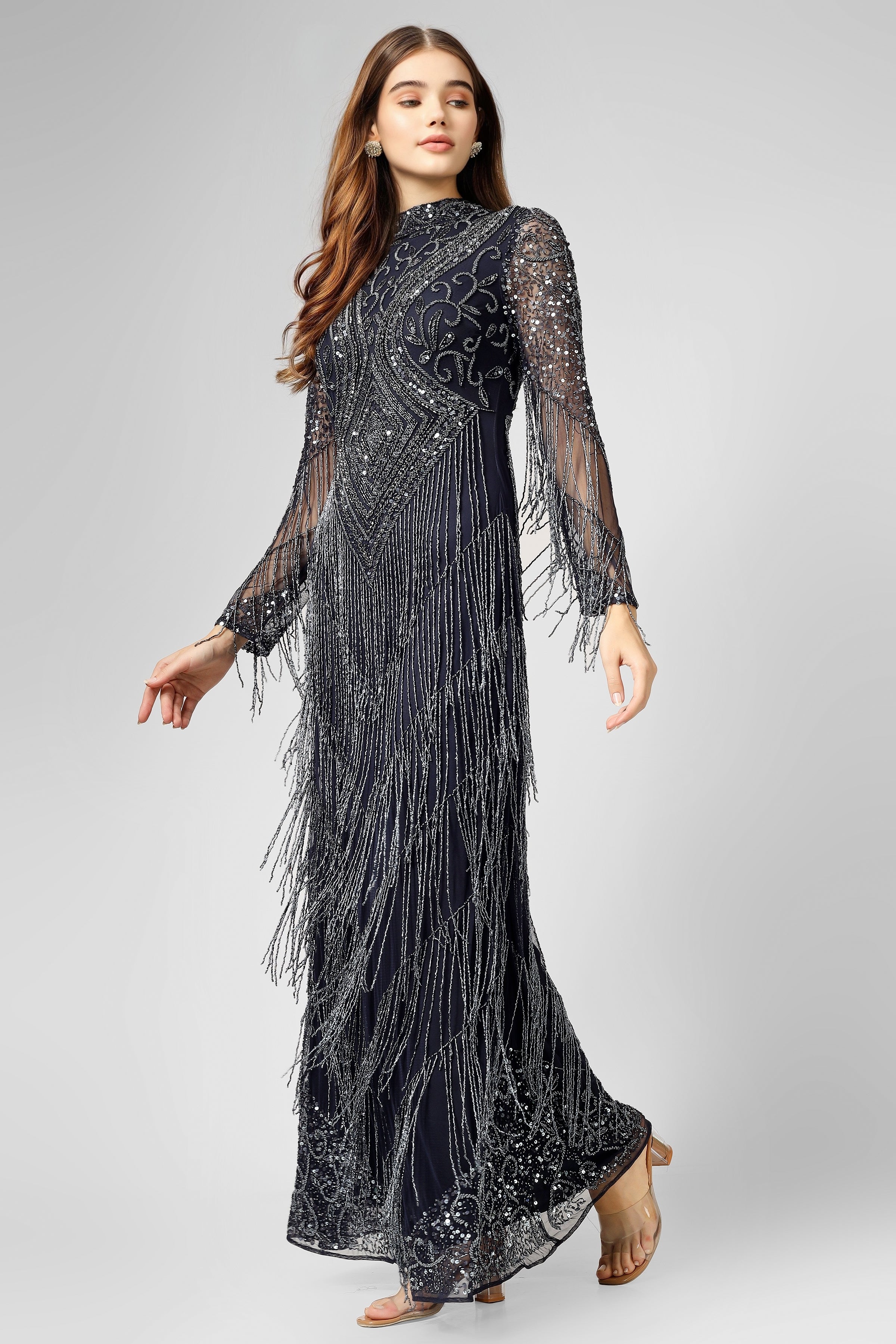 Lissy Navy Blue Fringe Maxi Dress for Women - Boho Beach Wedding Party Dress with Long Sleeves & Flowy Hem - Perfect for Summer Vacations, Music Festivals, and Evening Events