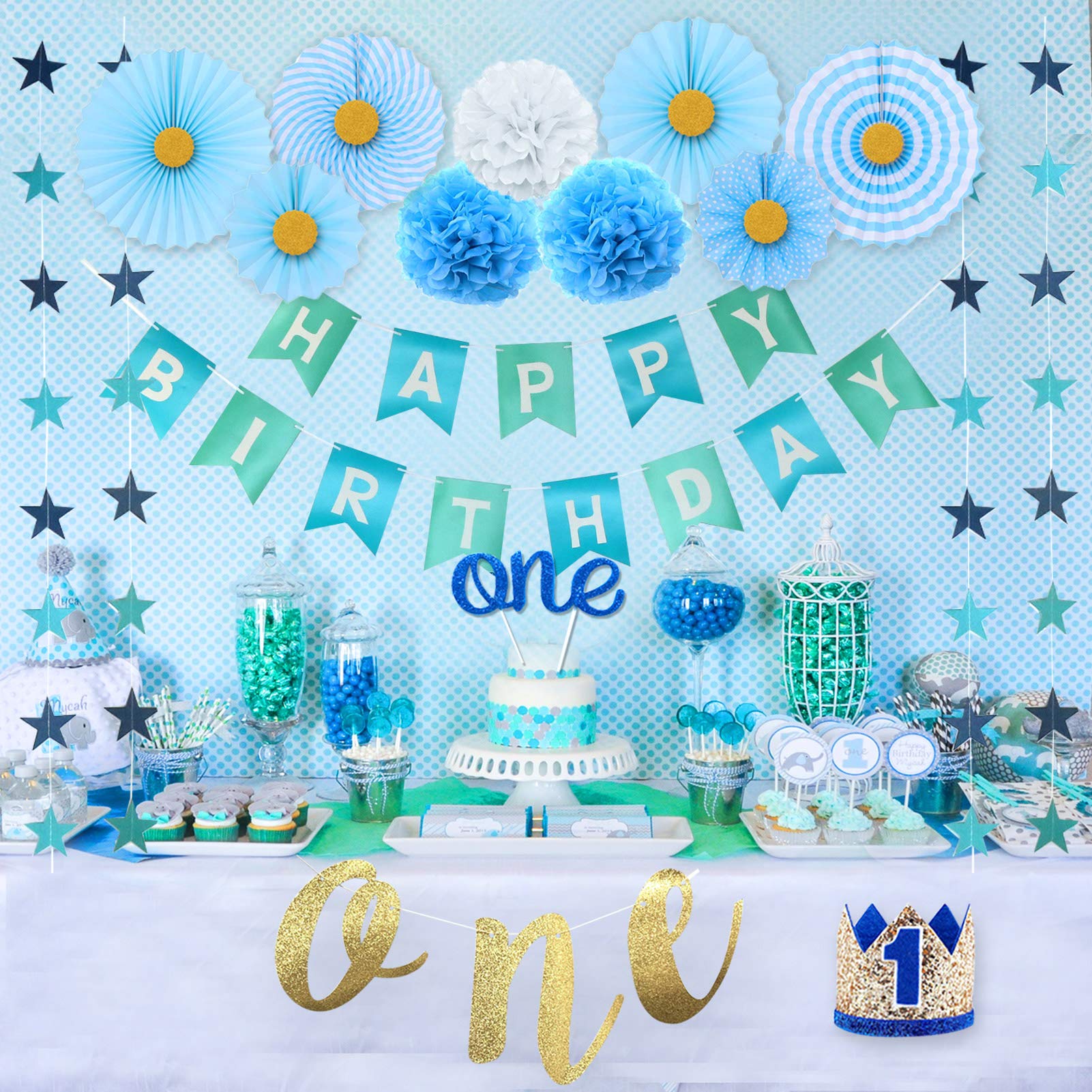 1st Birthday Boy Party Decorations Set - No.1 Baby Crown, ONE Cake Topper & Banner for Baby Boy's First Birthday - Perfect for Cake Smash Photos, Milestone Celebrations & Nursery Decor