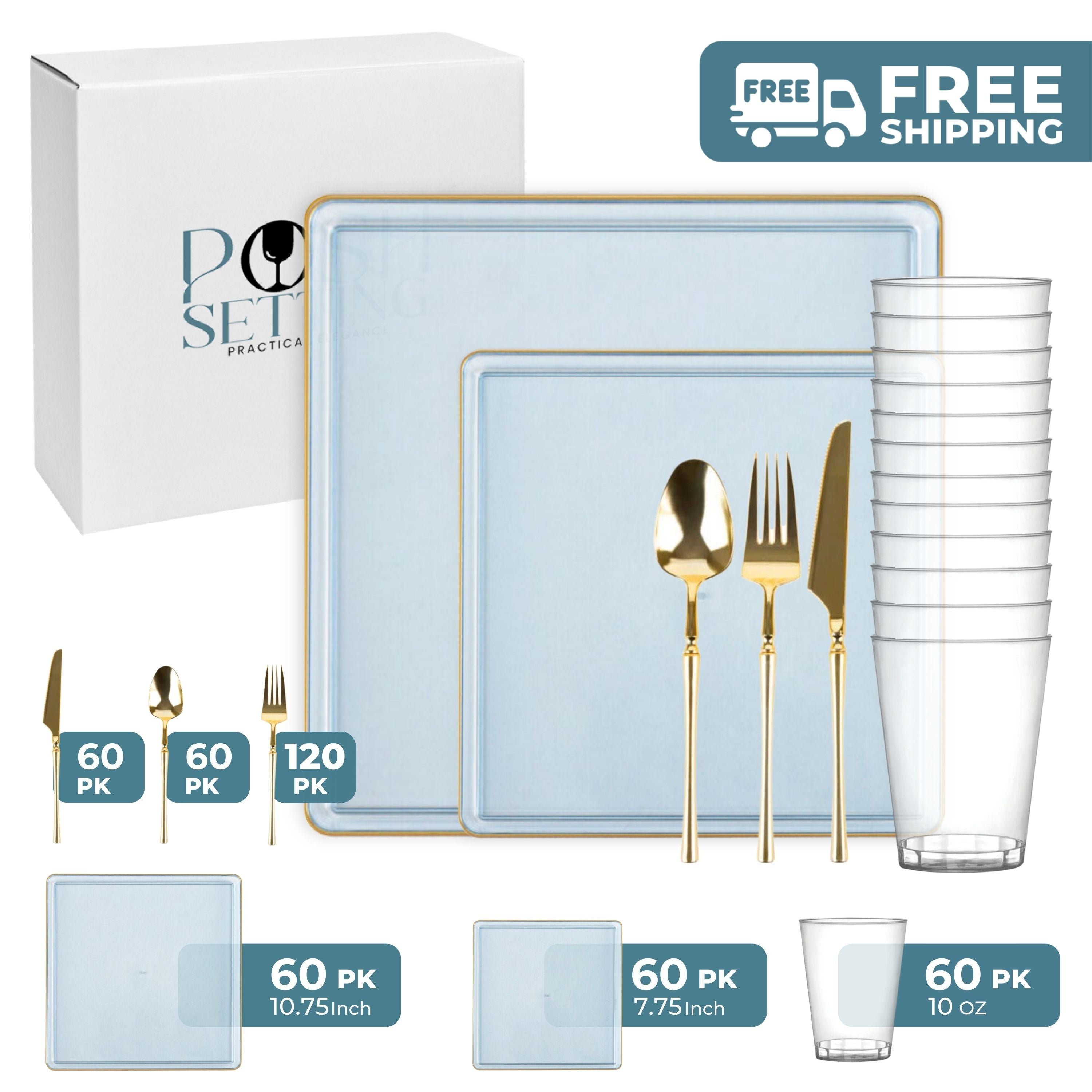 Blue and Gold Plastic Party Bundle - Square Edge Party Plates, Cups & Napkins for Birthday, Wedding & Holiday Celebrations