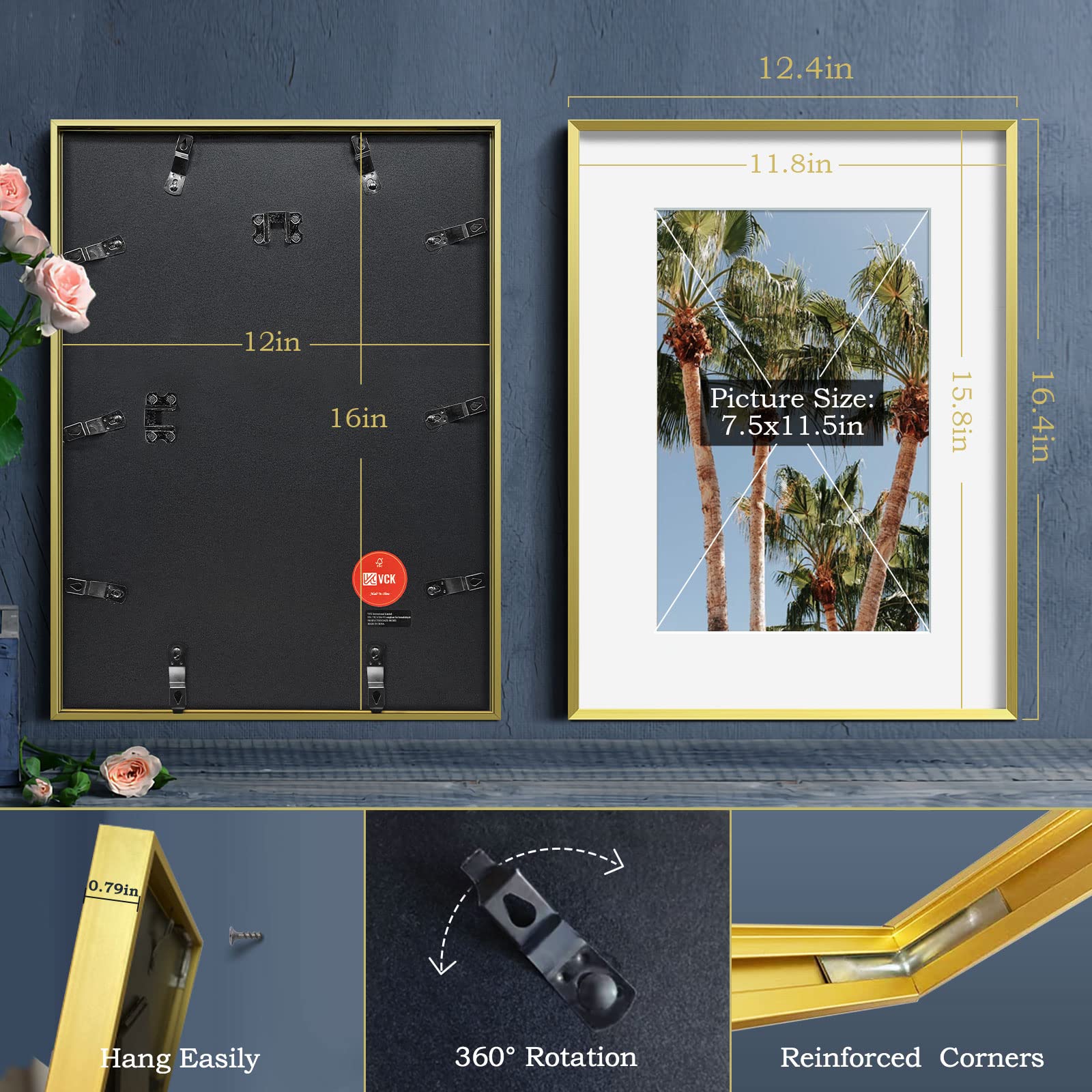 VCK 12x16 Aluminum Picture Frames Set of 3 - Gold Metal Poster Frames with Tempered Glass & Mat (Fits 8x12 or 12x16 Photos) - Elegant Wall Decor for Living Room, Bedroom & Office